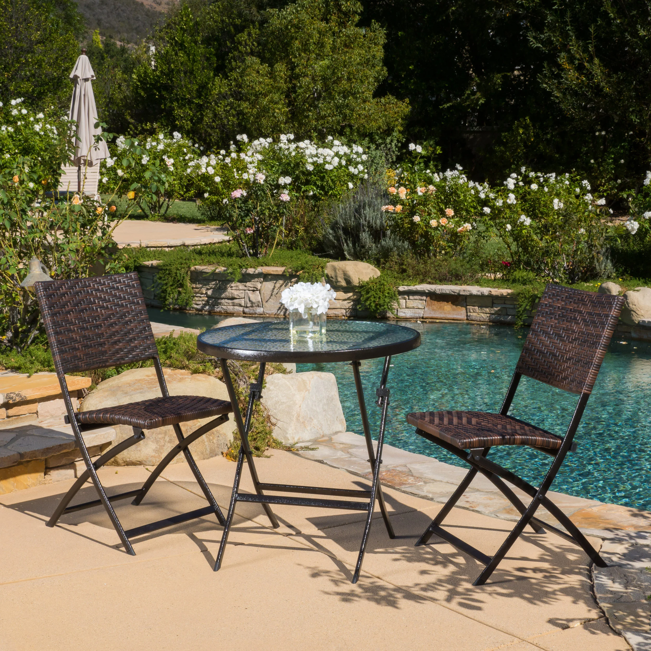 Cantinela 3pc Outdoor Wicker Folding Bistro Set - furnishings