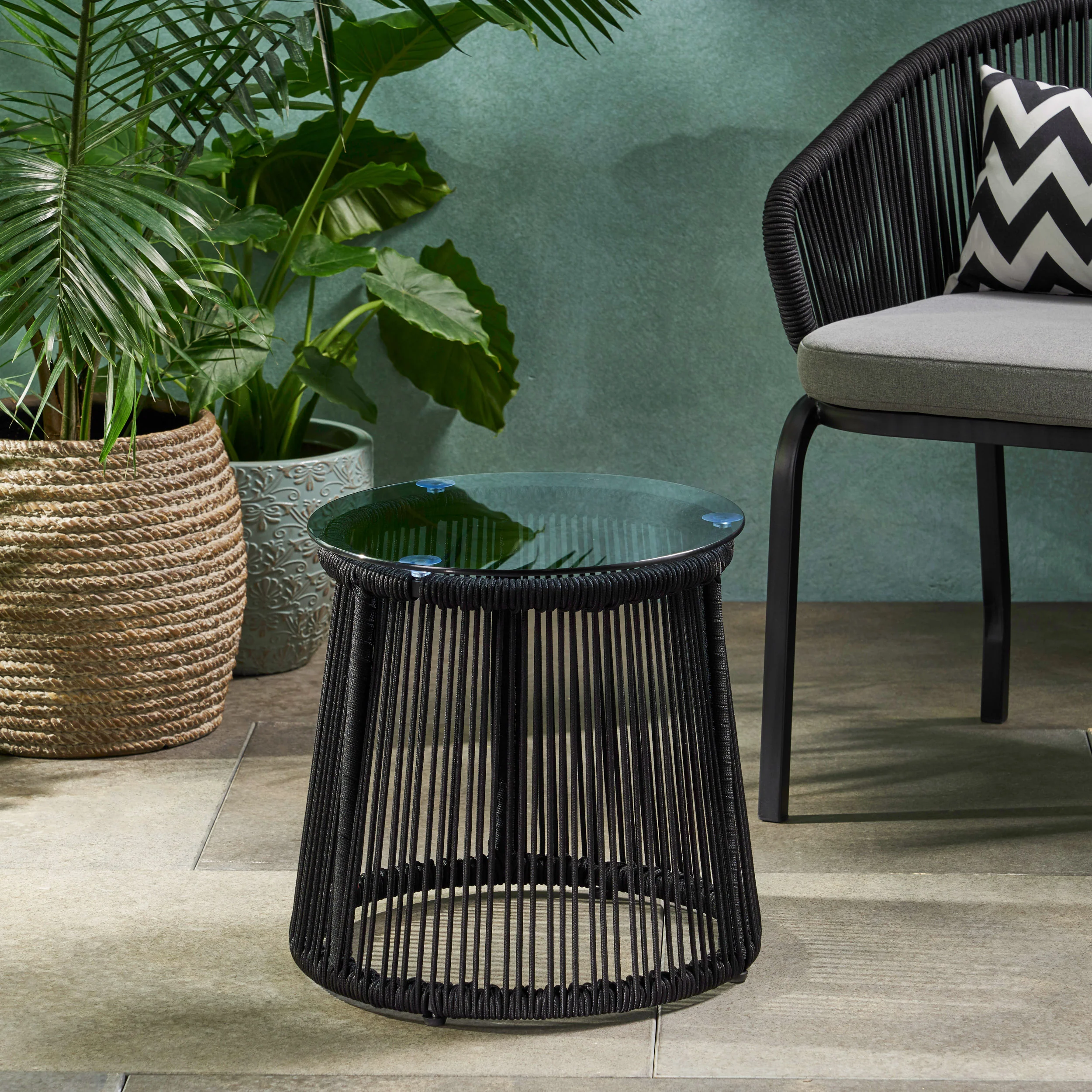 Laycee Modern Outdoor Rope Weave Side Table with Tempered Glass Top - furnishings