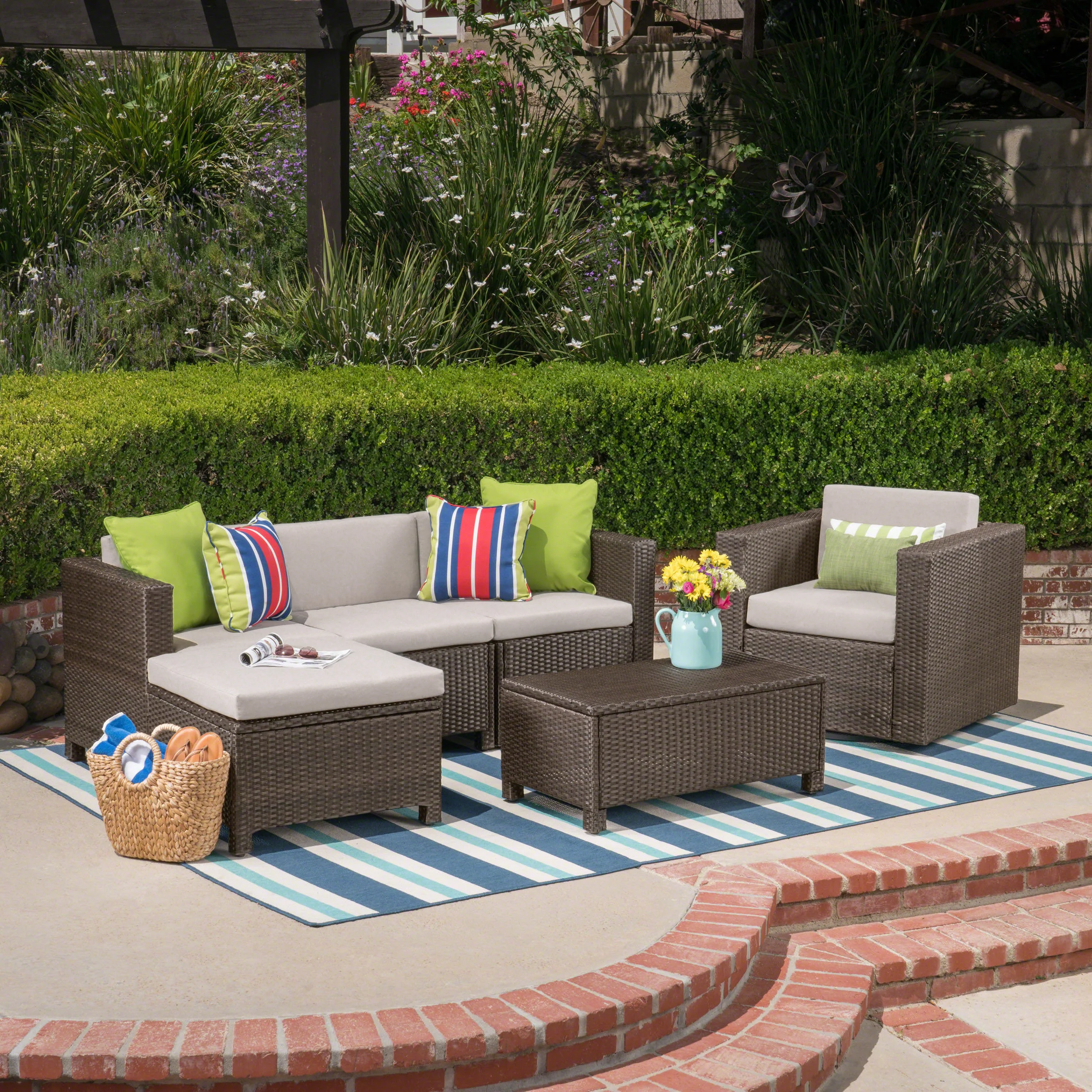 Tanner Outdoor 4 Seater Wicker L-Shaped Sectional Sofa Set with Cushions - furnishings