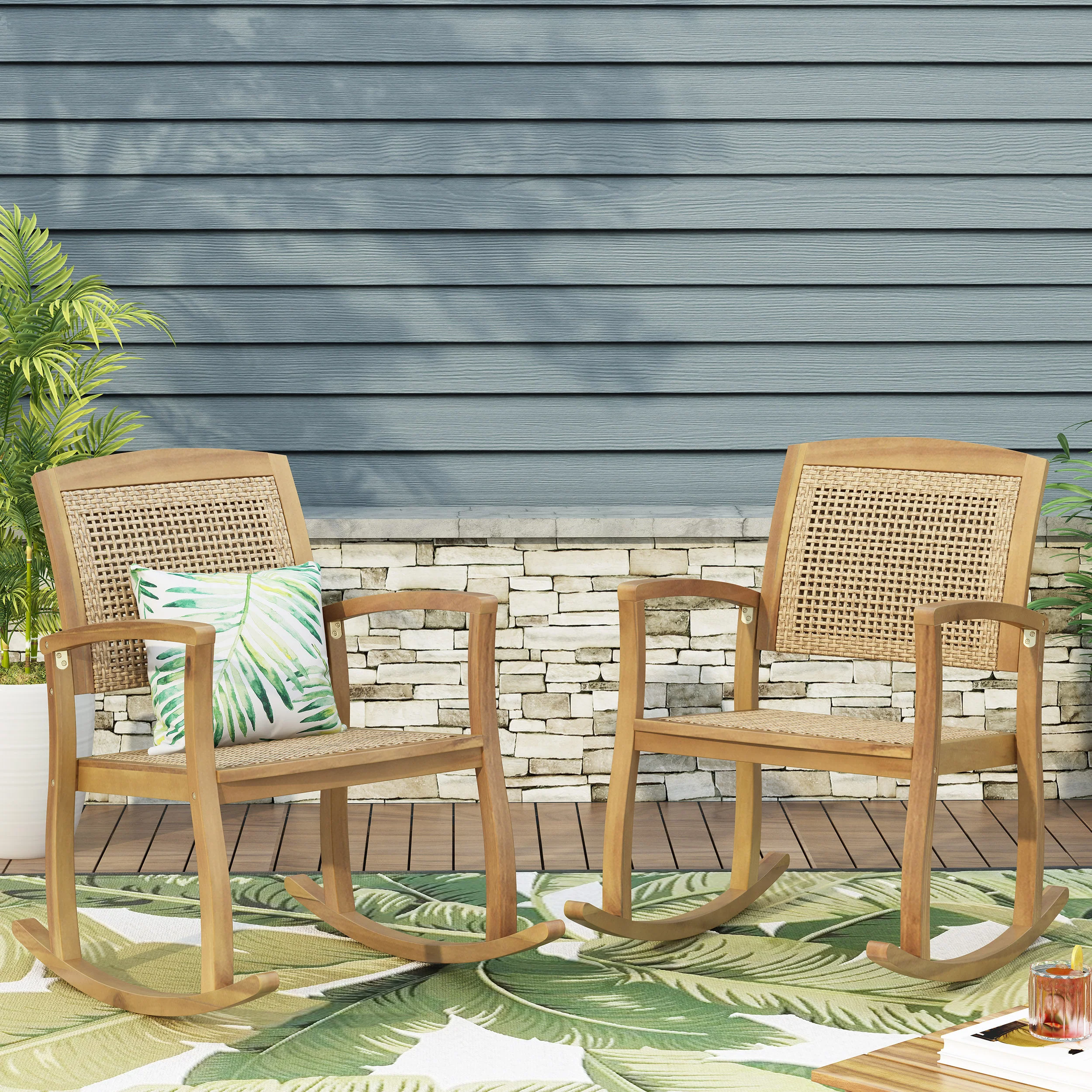 Uintah Outdoor Acacia Wood and Wicker Rocking Chair, Set of 2, Light Brown - furnishings