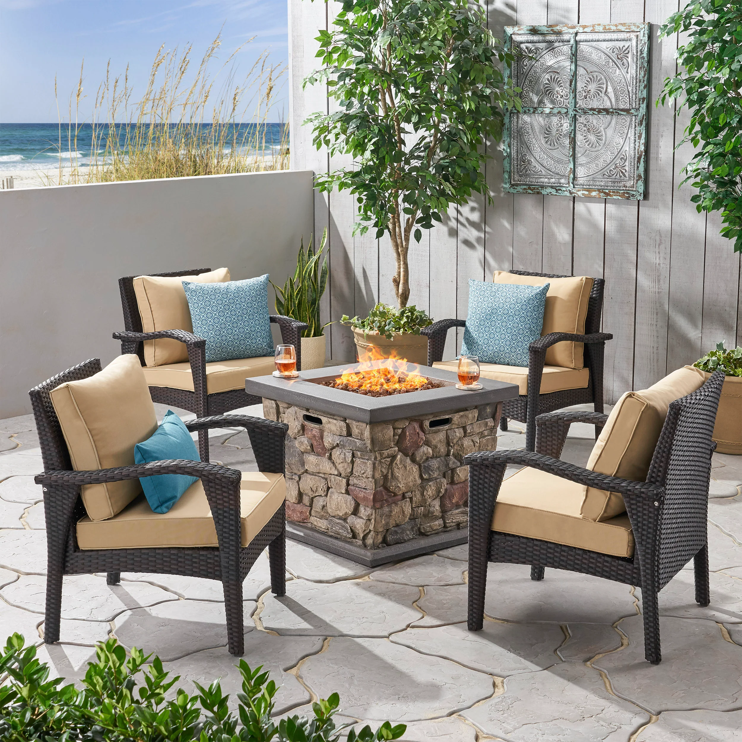 Makenah Outdoor 4 Club Chair Chat Set with Fire Pit - furnishings
