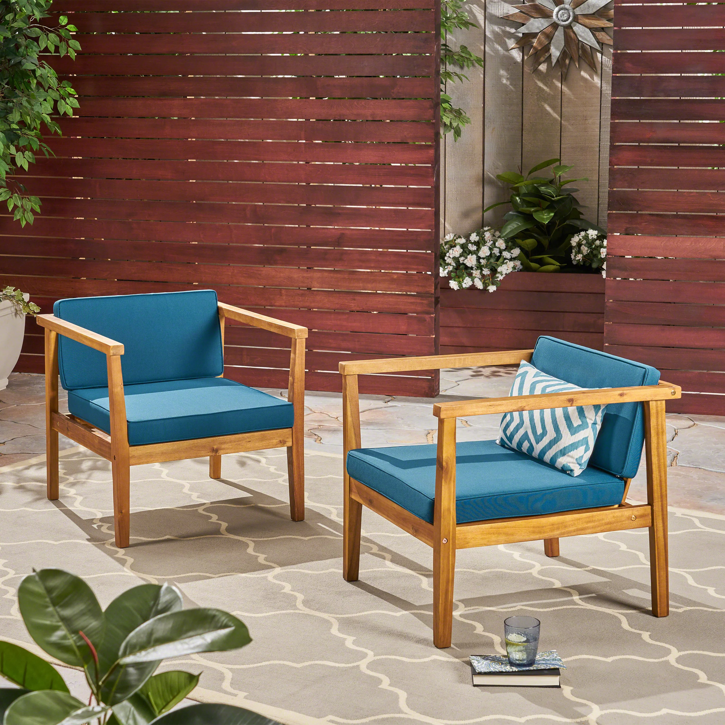 Thomson Outdoor Acacia Wood Club Chairs with Water-Resistant Cushions (Set of 2) - furnishings