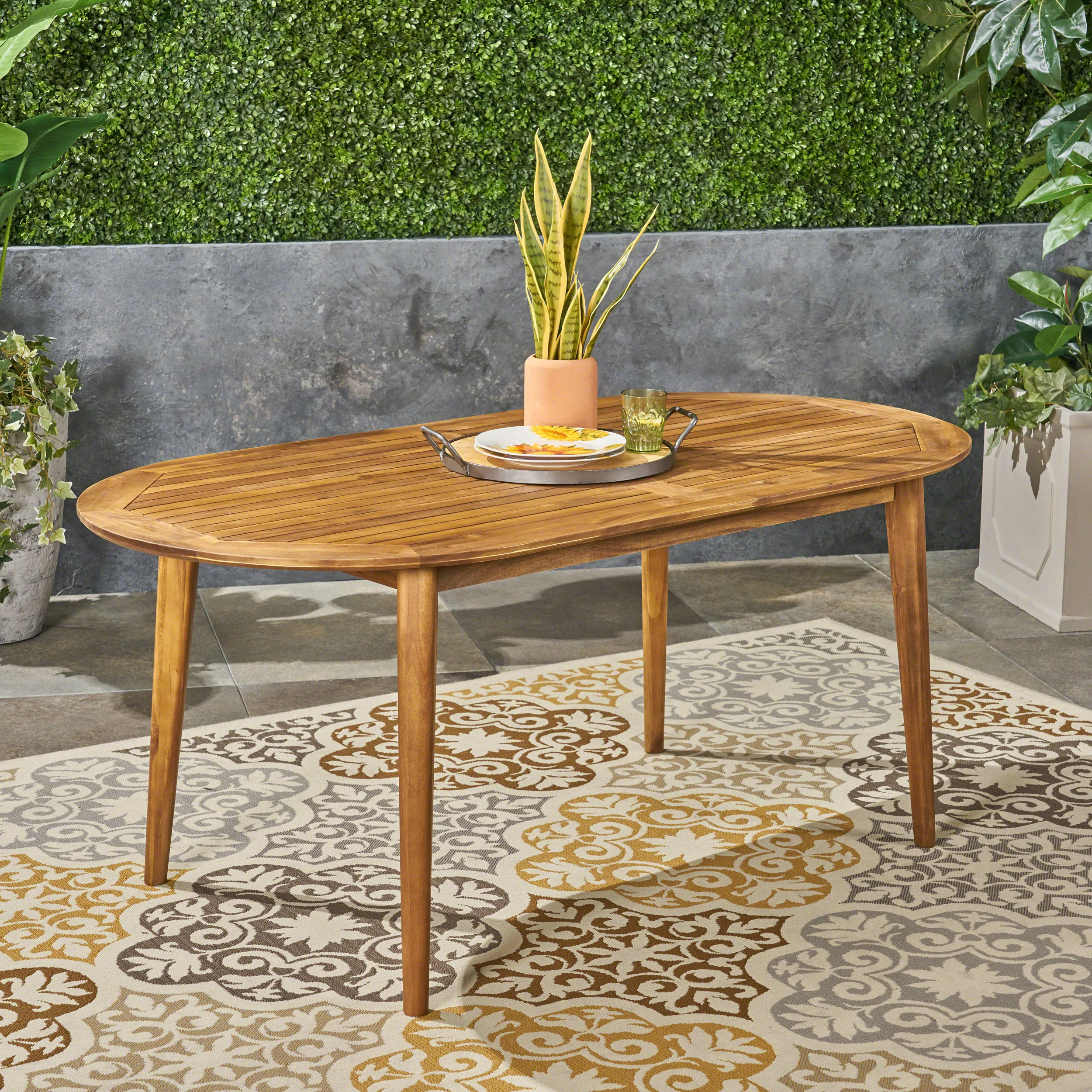 Stanford Outdoor Rustic Slat-Top Acacia Wood Oval Dining Table with Tapered Legs - furnishings