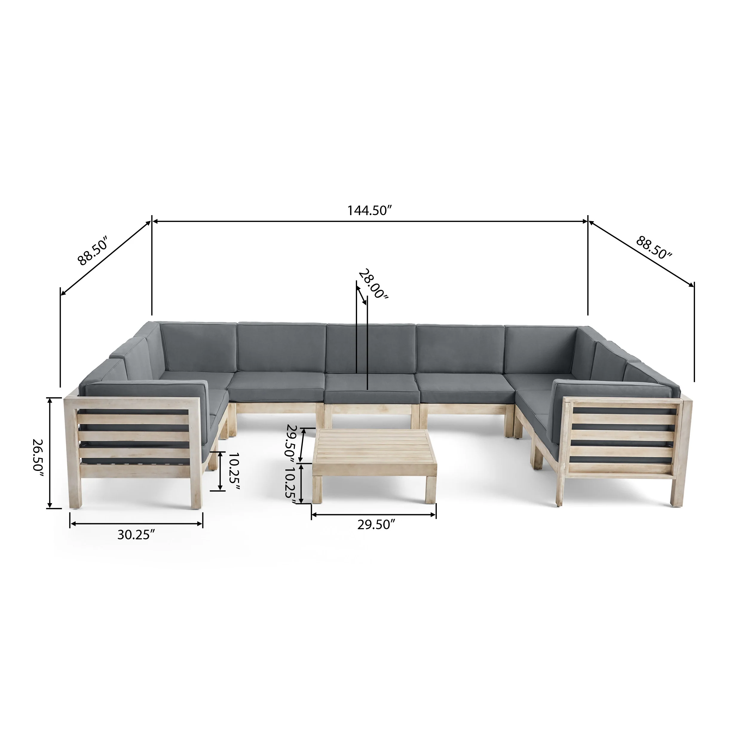 Ravello Outdoor 9 Seater Acacia Wood Sectional Sofa Set, Weathered Gray Finish and Dark Gray - furnishings
