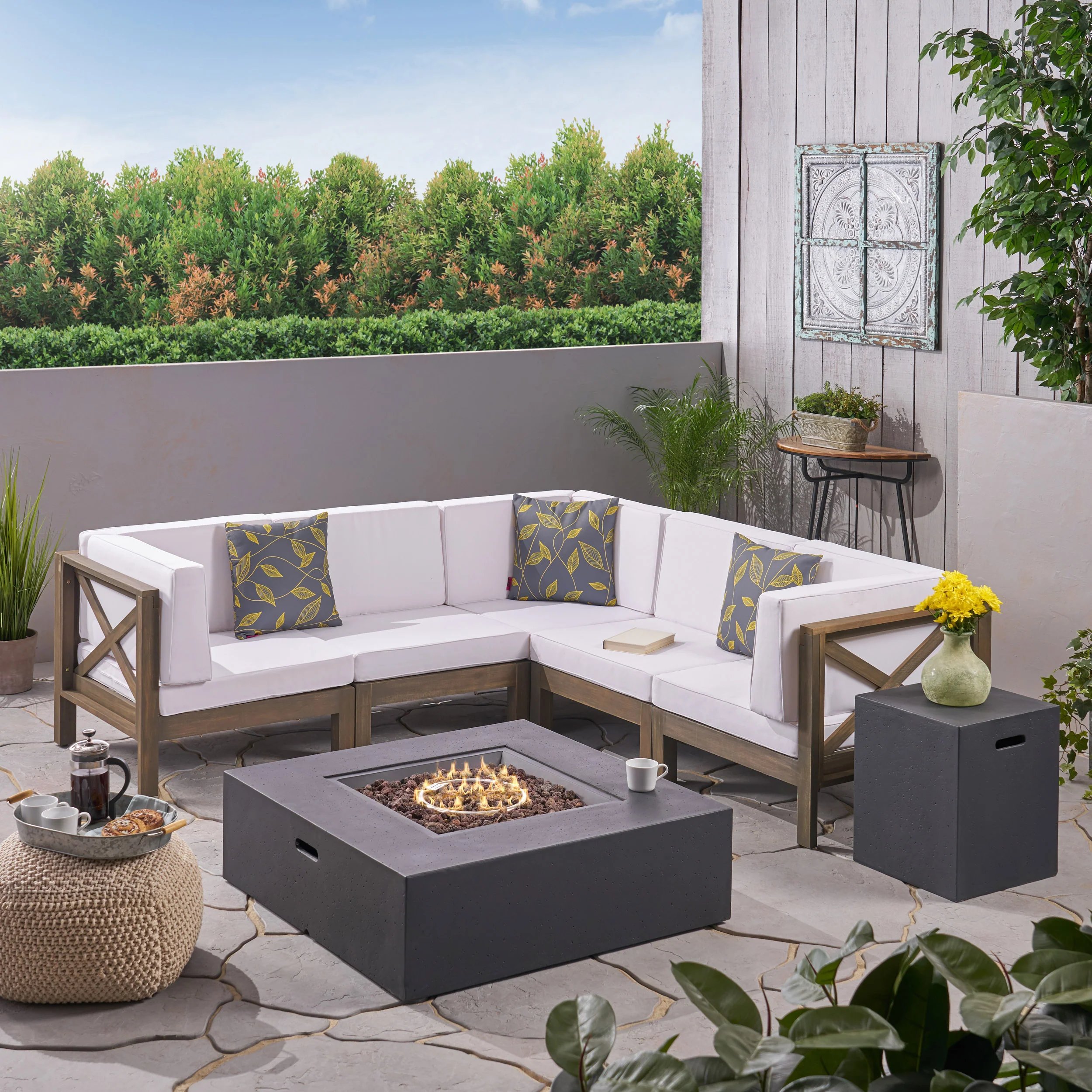 Cynthia Outdoor Acacia Wood 5 Seater Sectional Sofa Set with Fire Pit - furnishings