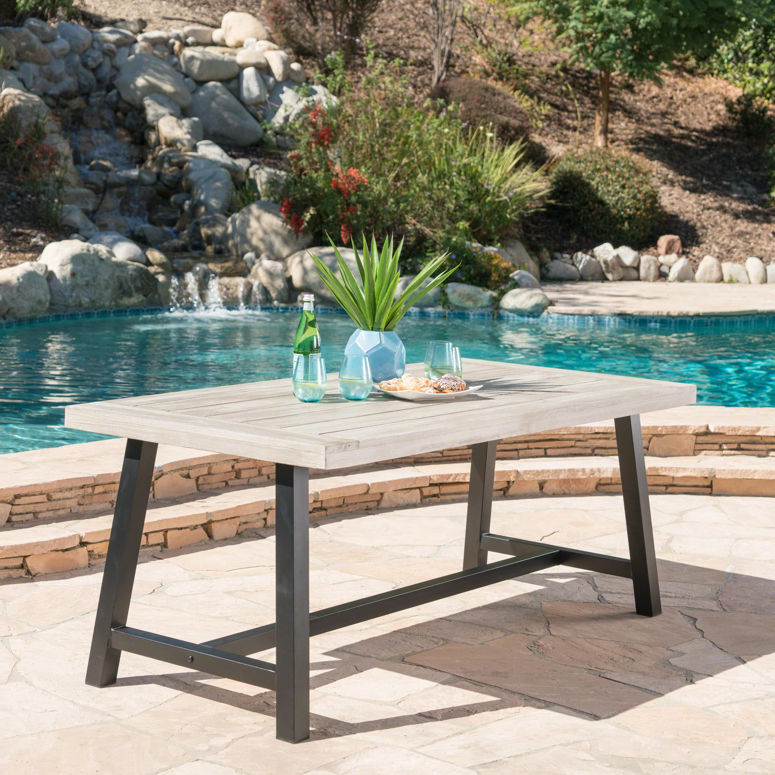 Bowman Outdoor Sandblast Finish Acacia Wood Dining Table with Metal Finish Frame - furnishings