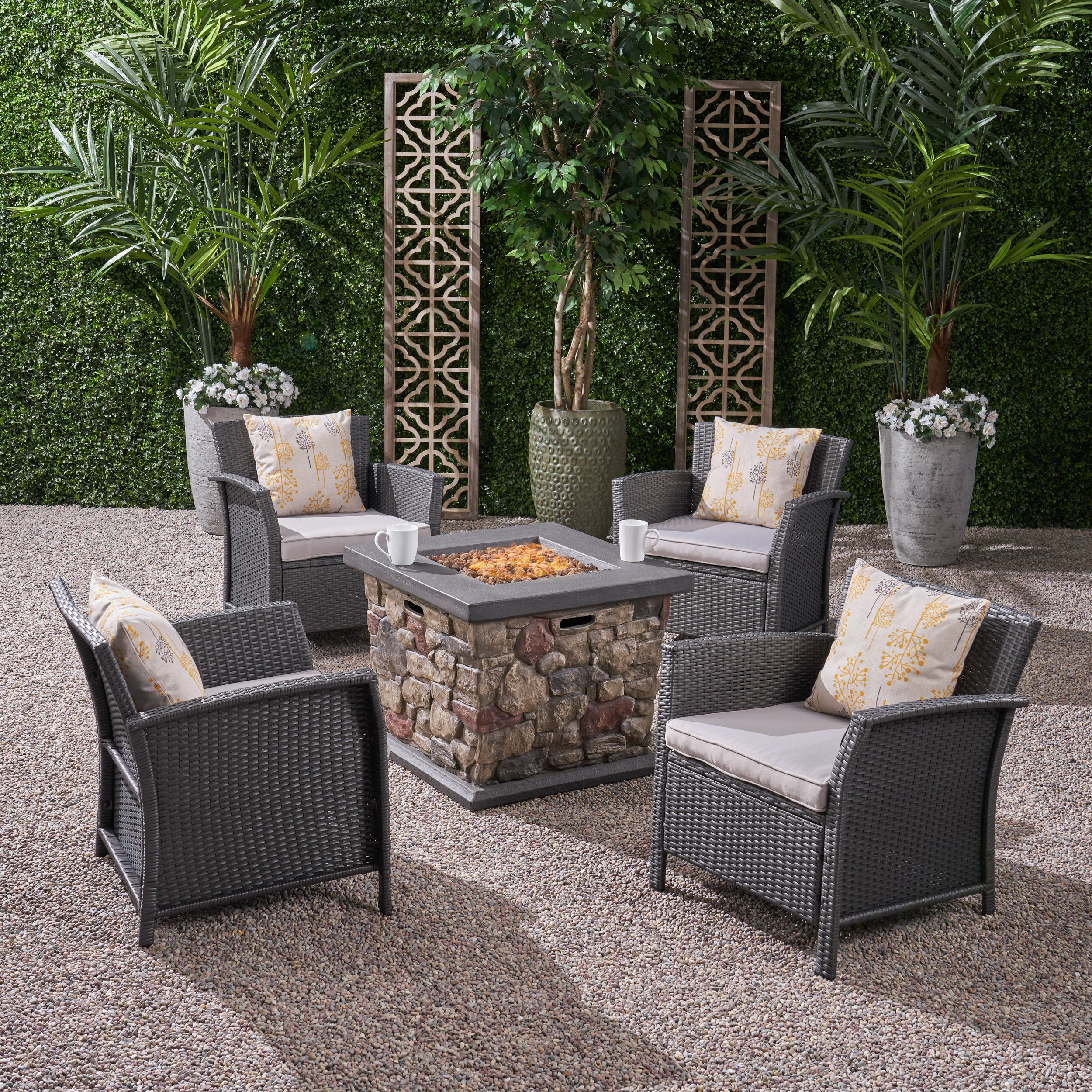 Laiah Outdoor 4 Piece Wicker Club Chair Chat Set with Stone Finished Fire Pit - furnishings