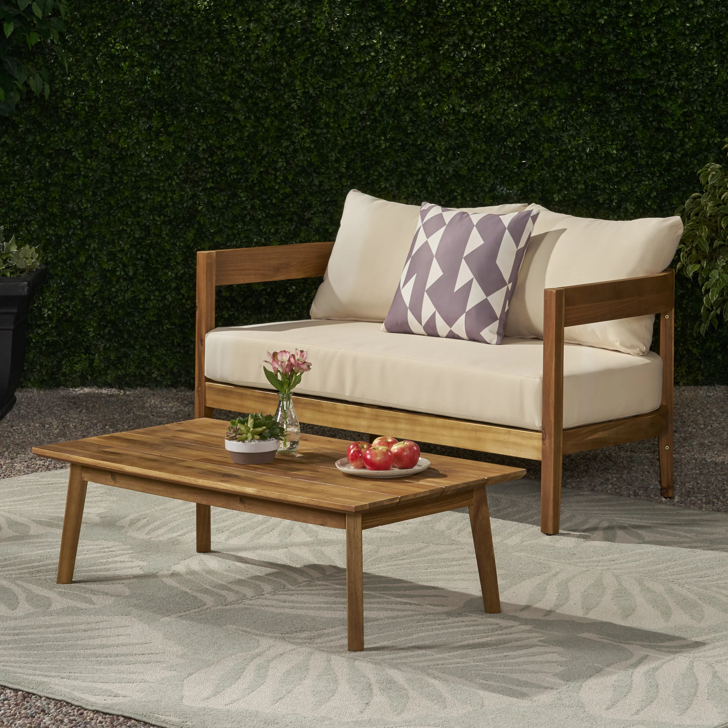 Burrough Outdoor Acacia Wood Loveseat Set with Coffee Table - furnishings