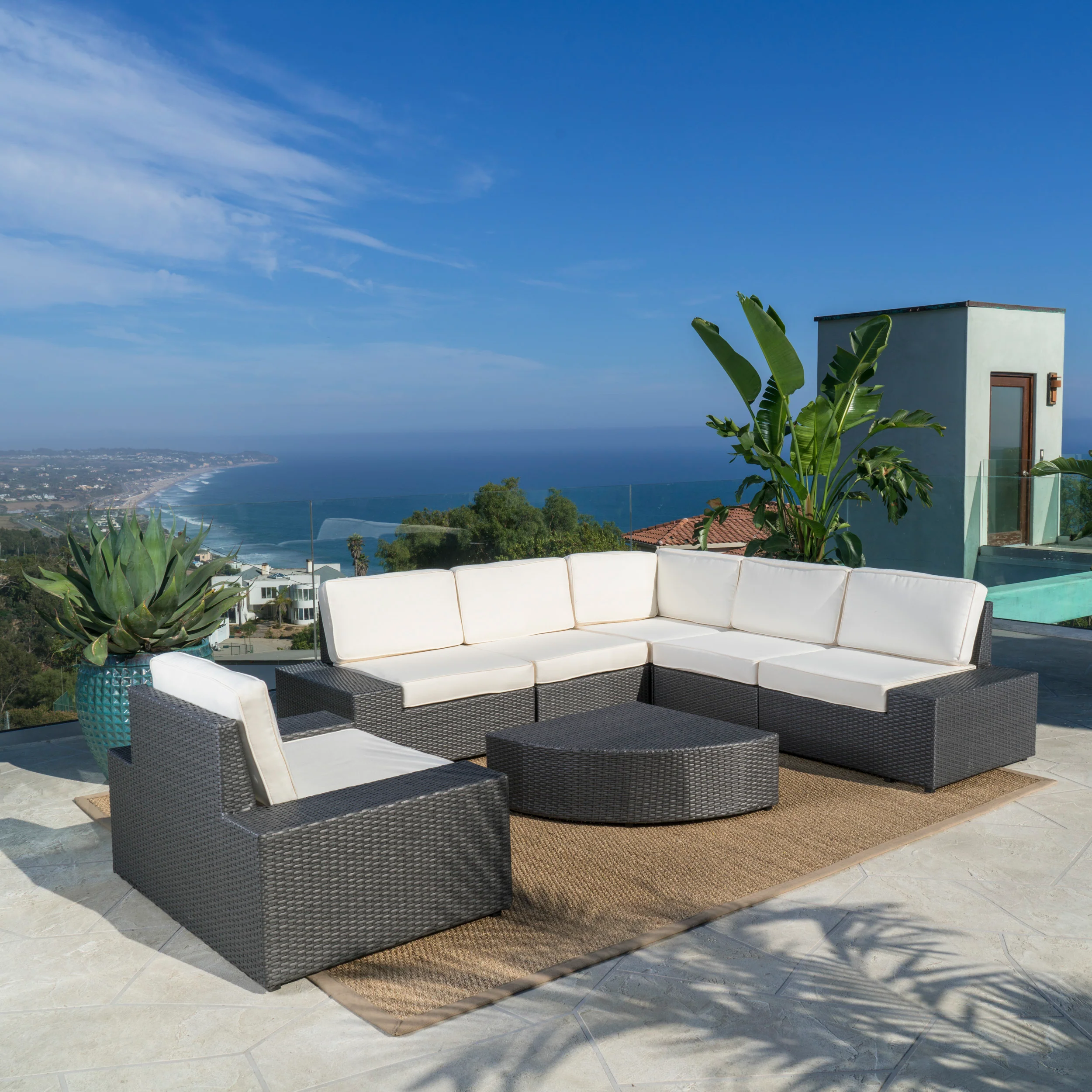 Reddington 7pc Outdoor Grey Wicker Sofa Set w/ Cushions - furnishings