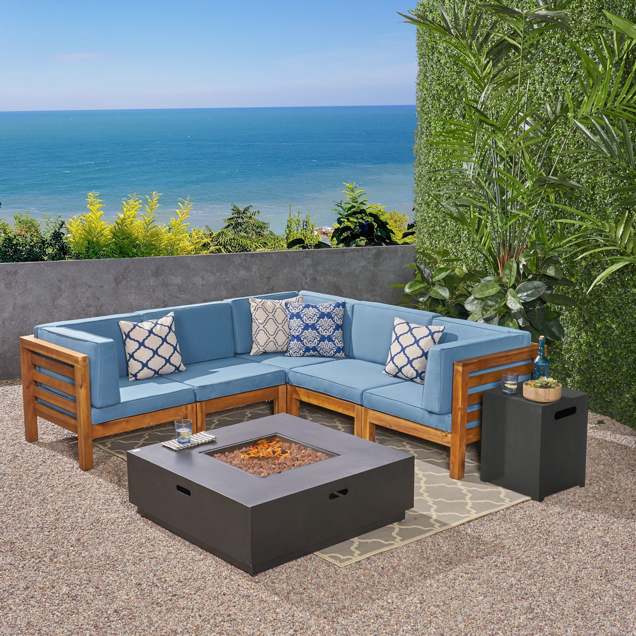 Krystin Outdoor 7 Piece V-Shaped Acacia Wood Sectional Sofa Set with Fire Pit and Outdoor Cushions - furnishings