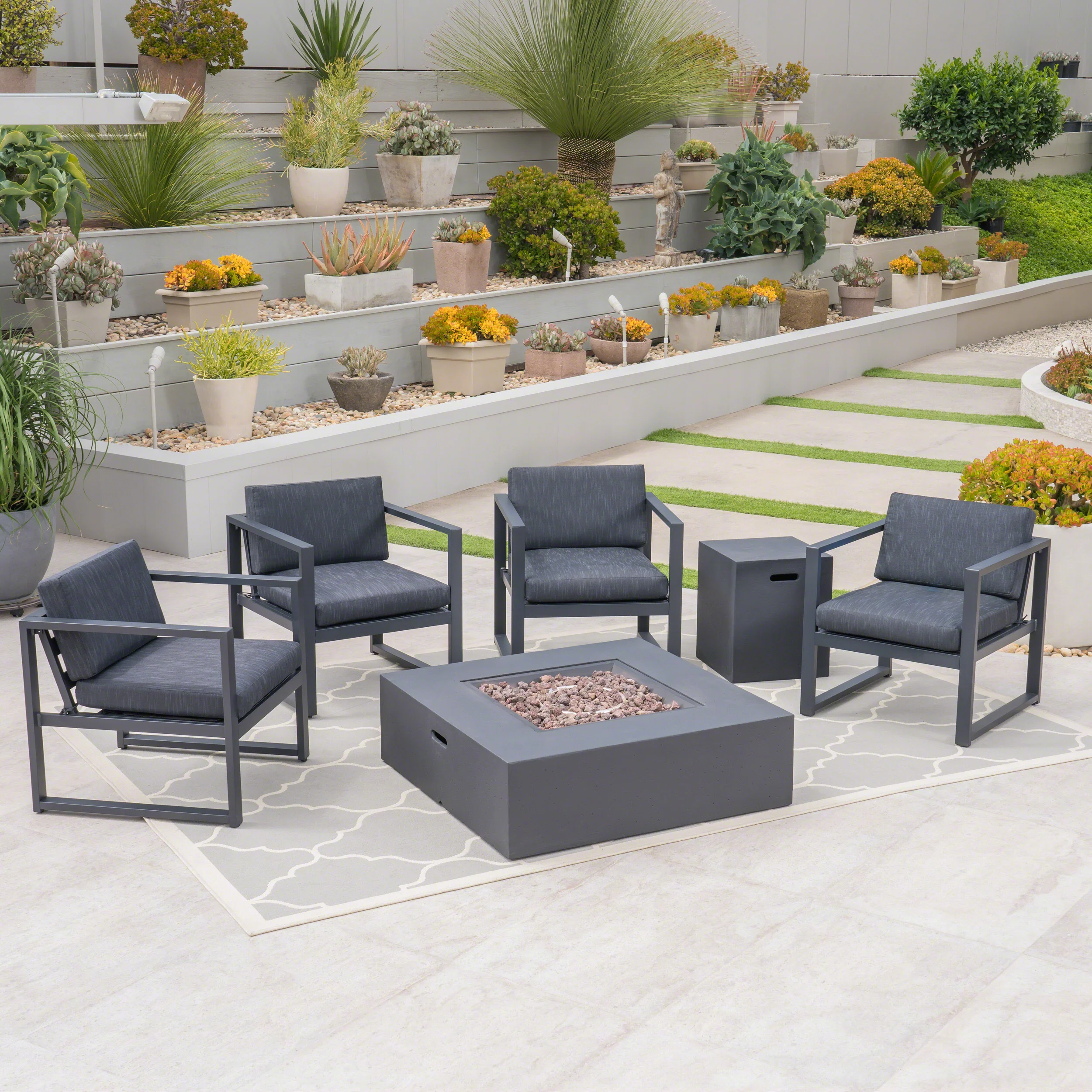 Wos Outdoor 4-Seater Aluminum Chat Set with Fire Pit, Black and Dark Gray - furnishings