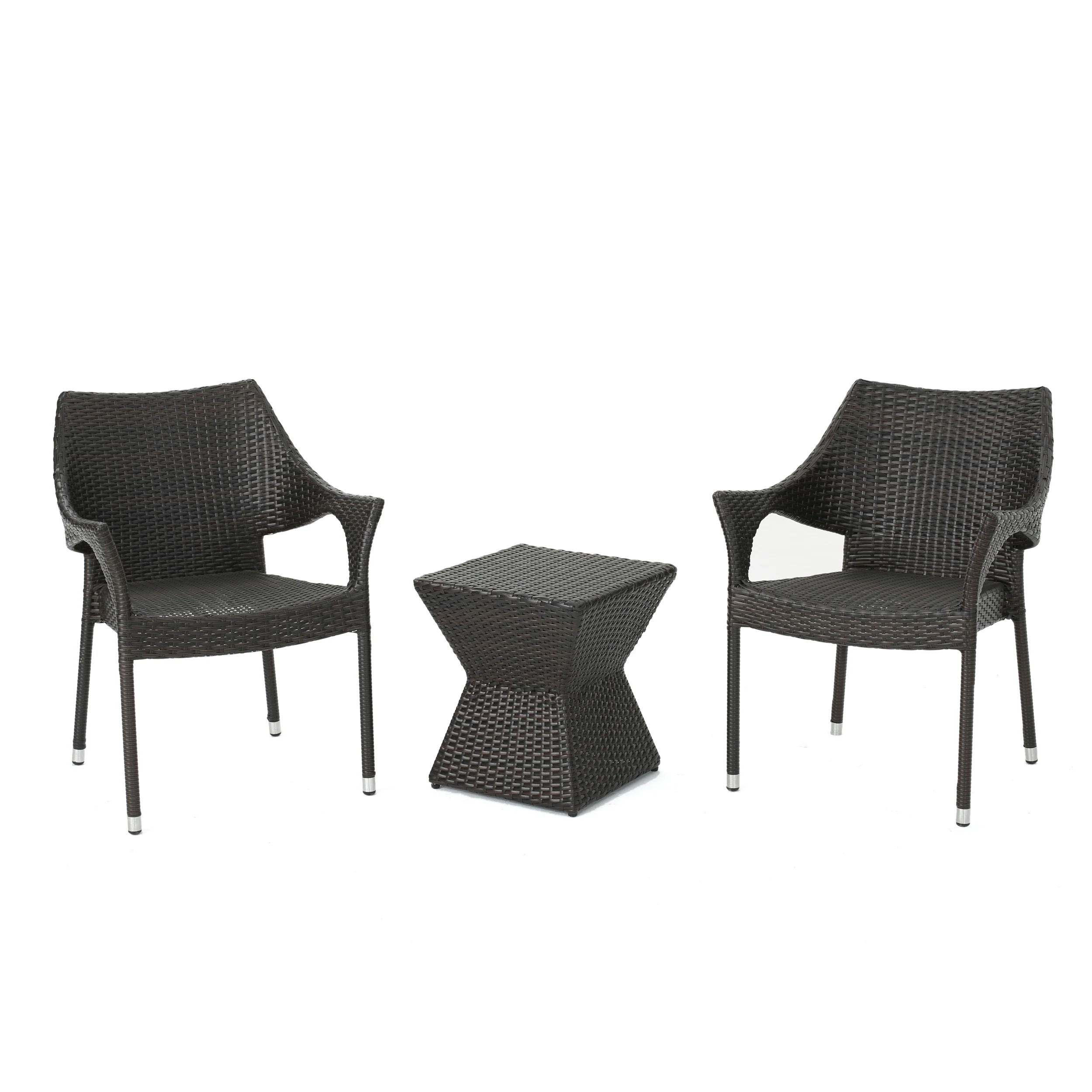 Arlost Outdoor 3 Piece Multi-Brown Wicker Chat Set with Stacking Chairs - furnishings
