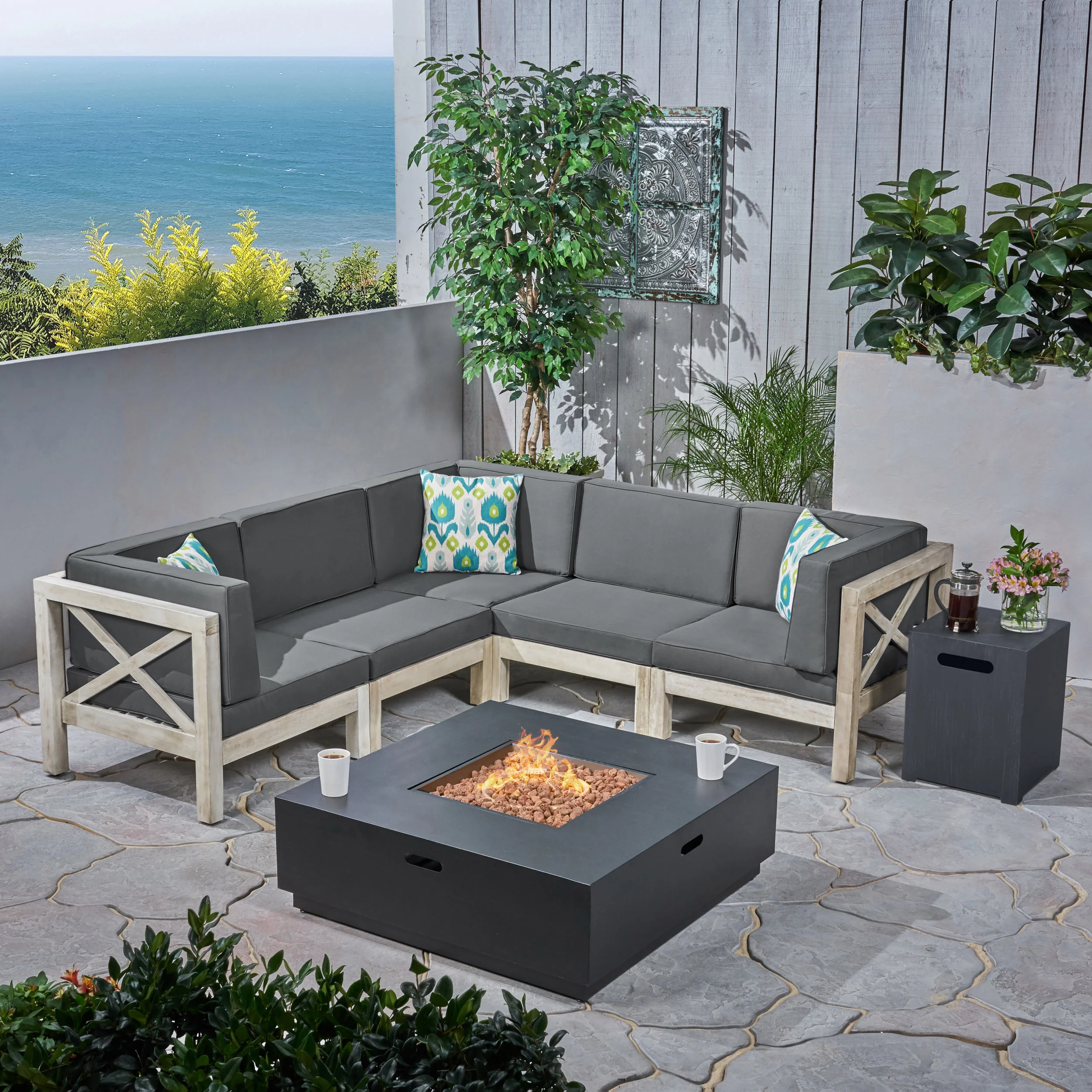 Gina Outdoor Acacia Wood 5 Seater Sectional Sofa Set with Fire Pit - furnishings