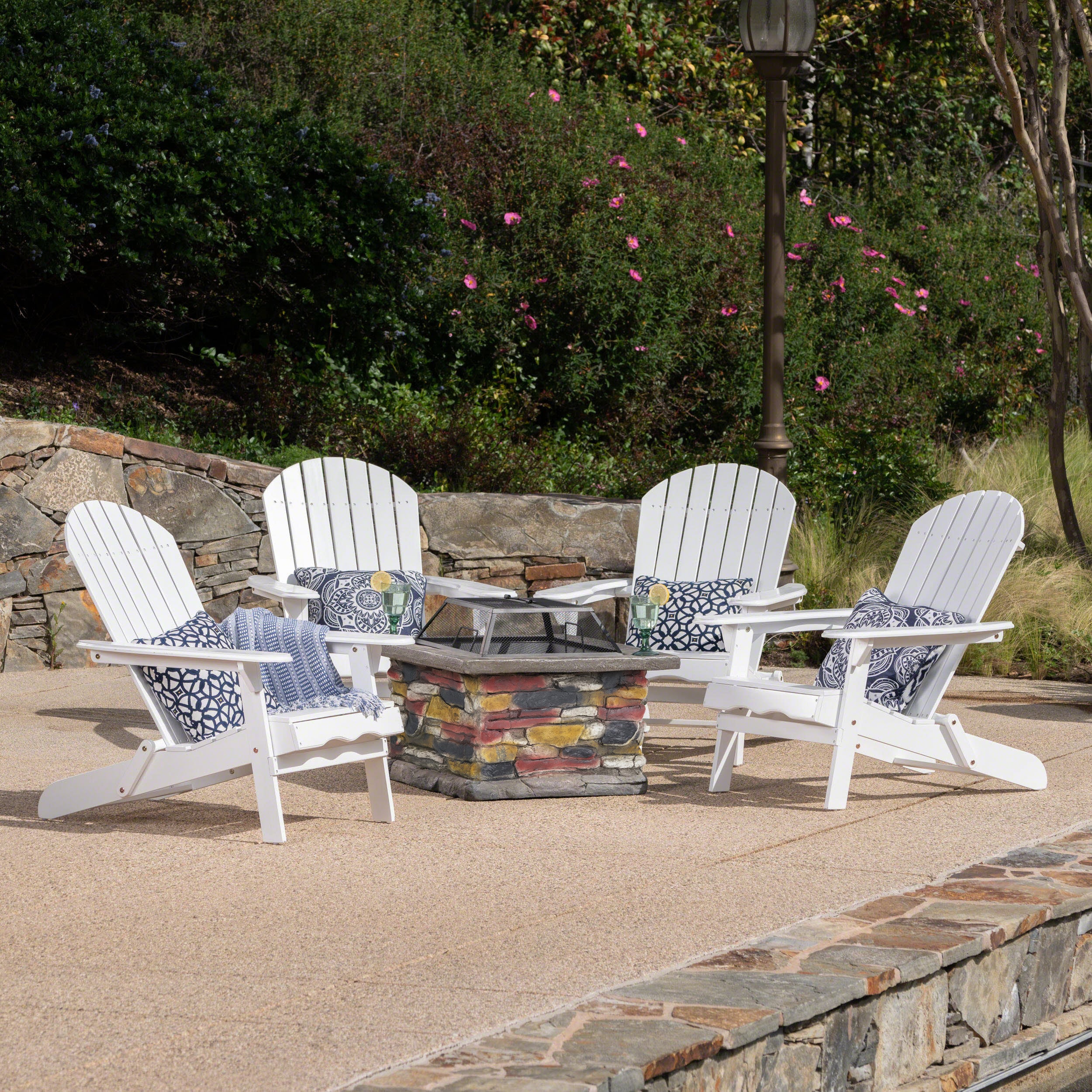 Benson Outdoor 5 Piece Acacia Wood/ Light Weight Concrete Adirondack Chair Set with Fire Pit - furnishings