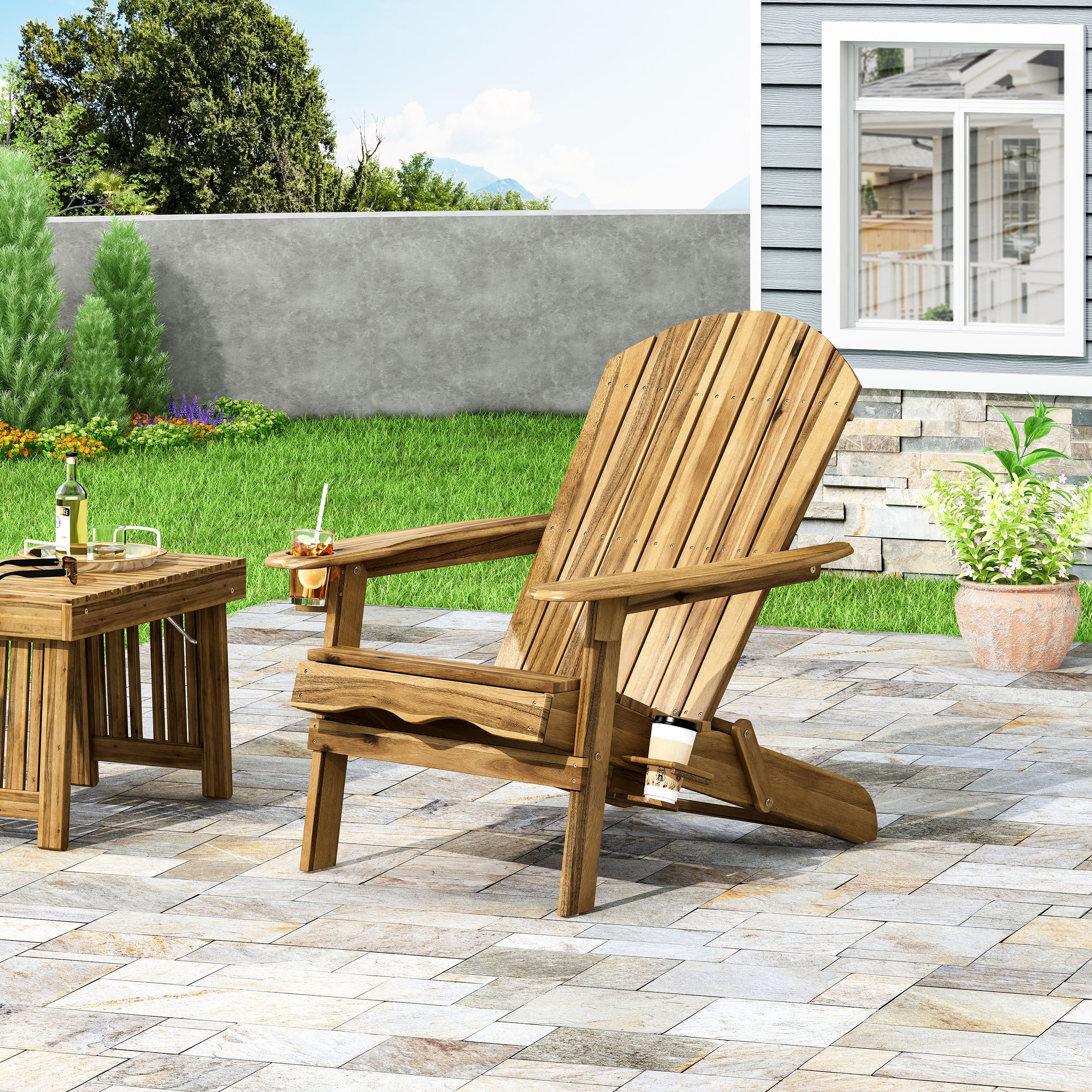 Kandyce Outdoor Acacia Wood Folding Adirondack Chair With Cup Holder - furnishings