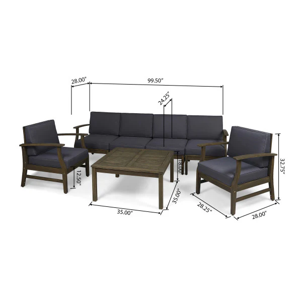 Lorelei Outdoor 7 Piece Acacia Wood 4-Seater Sofa and Club Chairs Set - furnishings