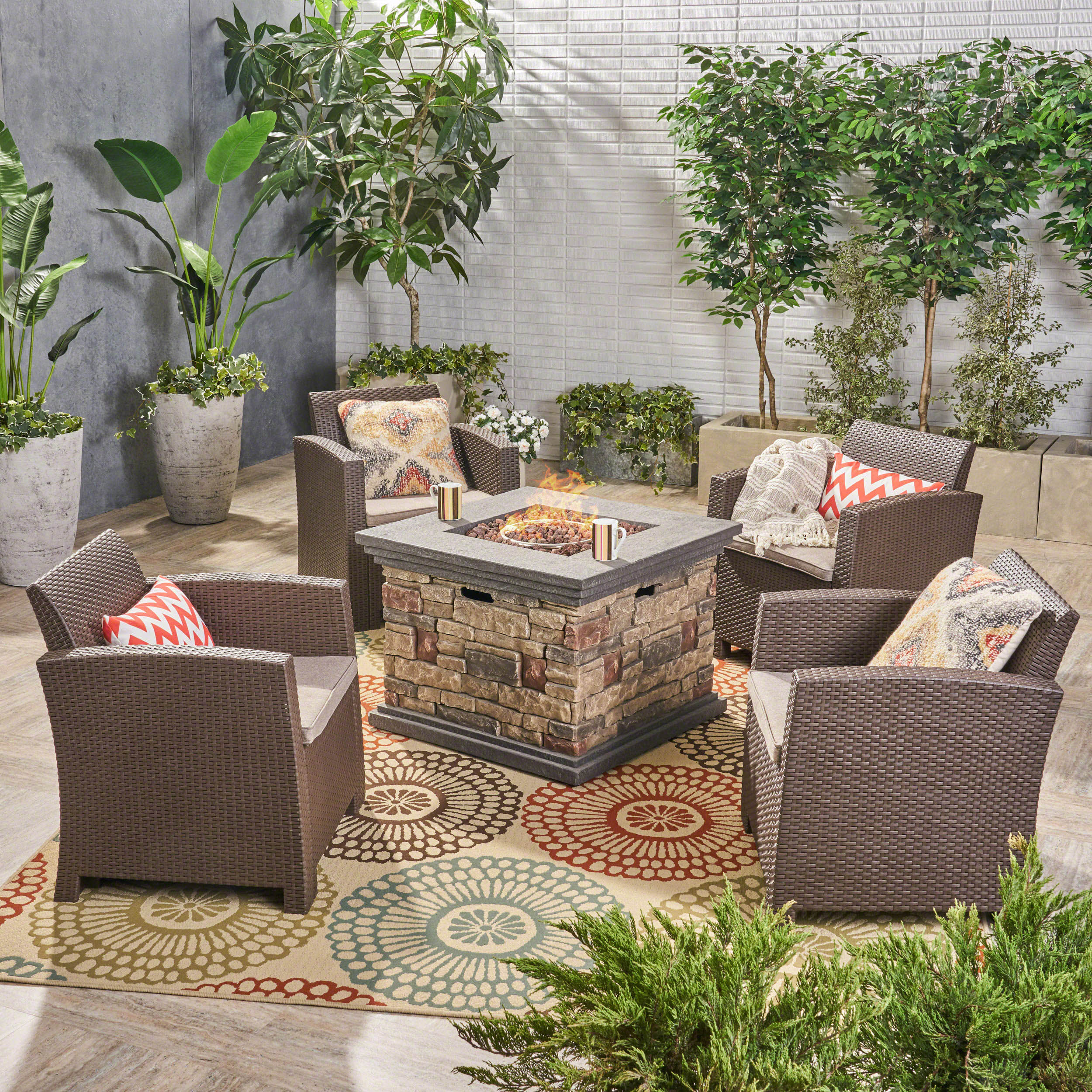 Casey Outdoor 4-Seater Wicker Print Club Chair Chat Set with Fire Pit - furnishings