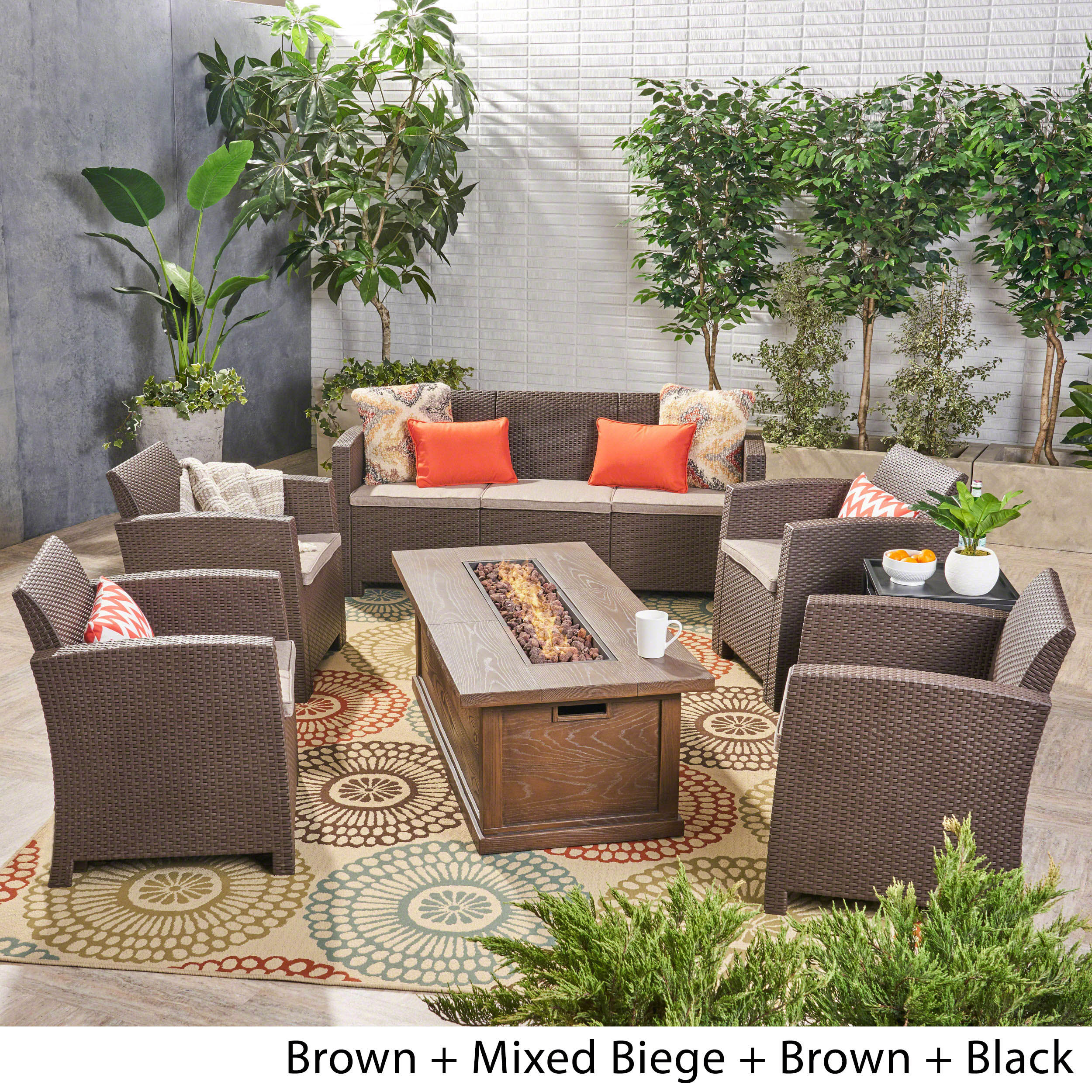 Melik Outdoor 7-Seater Wicker Print Chat Set with Fire Pit and Tank Holder - furnishings