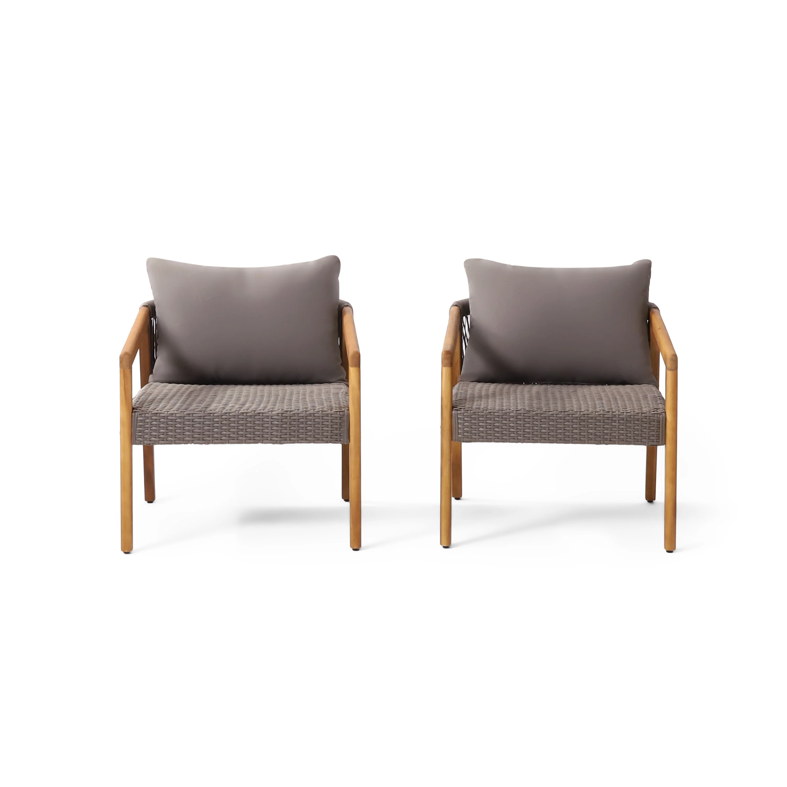 Breck Outdoor Acacia Wood and Wicker Club Chairs with Cushion, Set of 2, Teak and Gray - furnishings