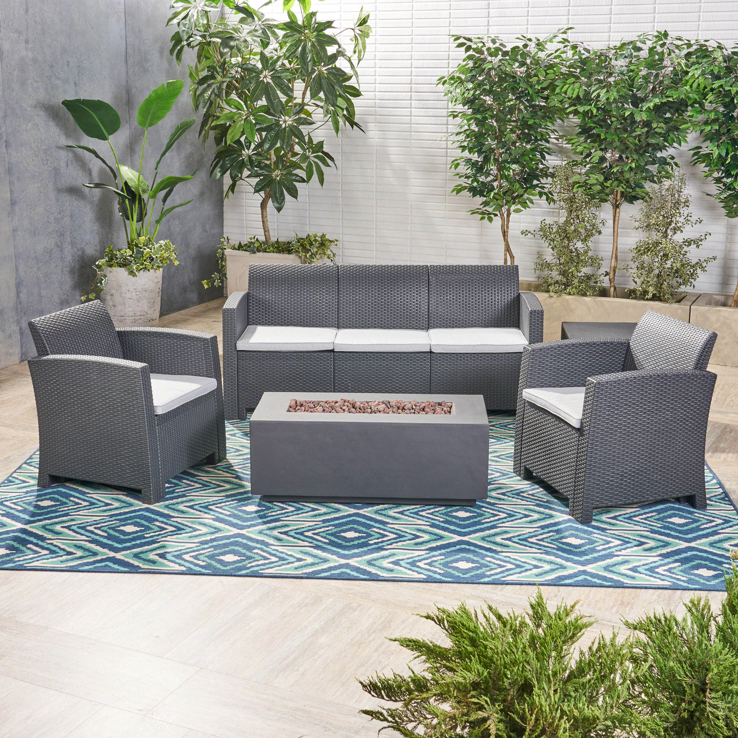 Clay Outdoor 5-Seater Wicker Print Chat Set with Fire Pit and Tank Holder - furnishings