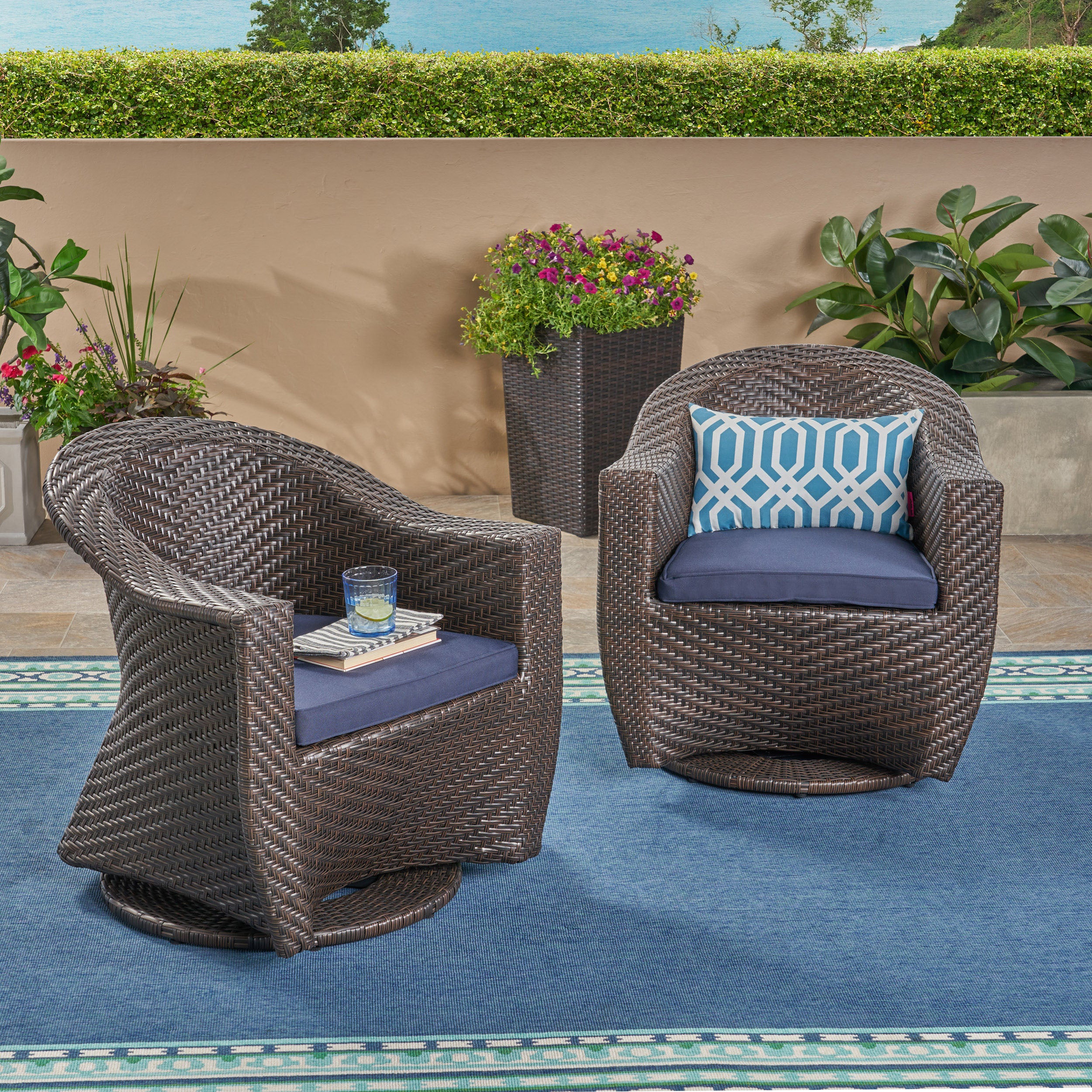 Florence Patio Swivel Chairs, Wicker with Outdoor Cushions, Multi-Brown and Navy Blue - furnishings