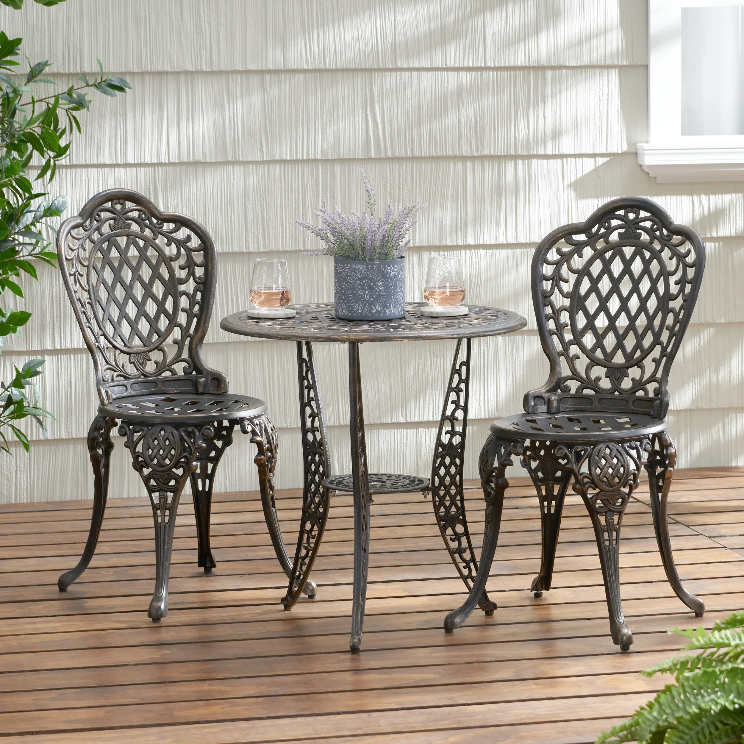 Modena Traditional Outdoor 3-Piece Bronze Cast Aluminum Bistro Set - furnishings