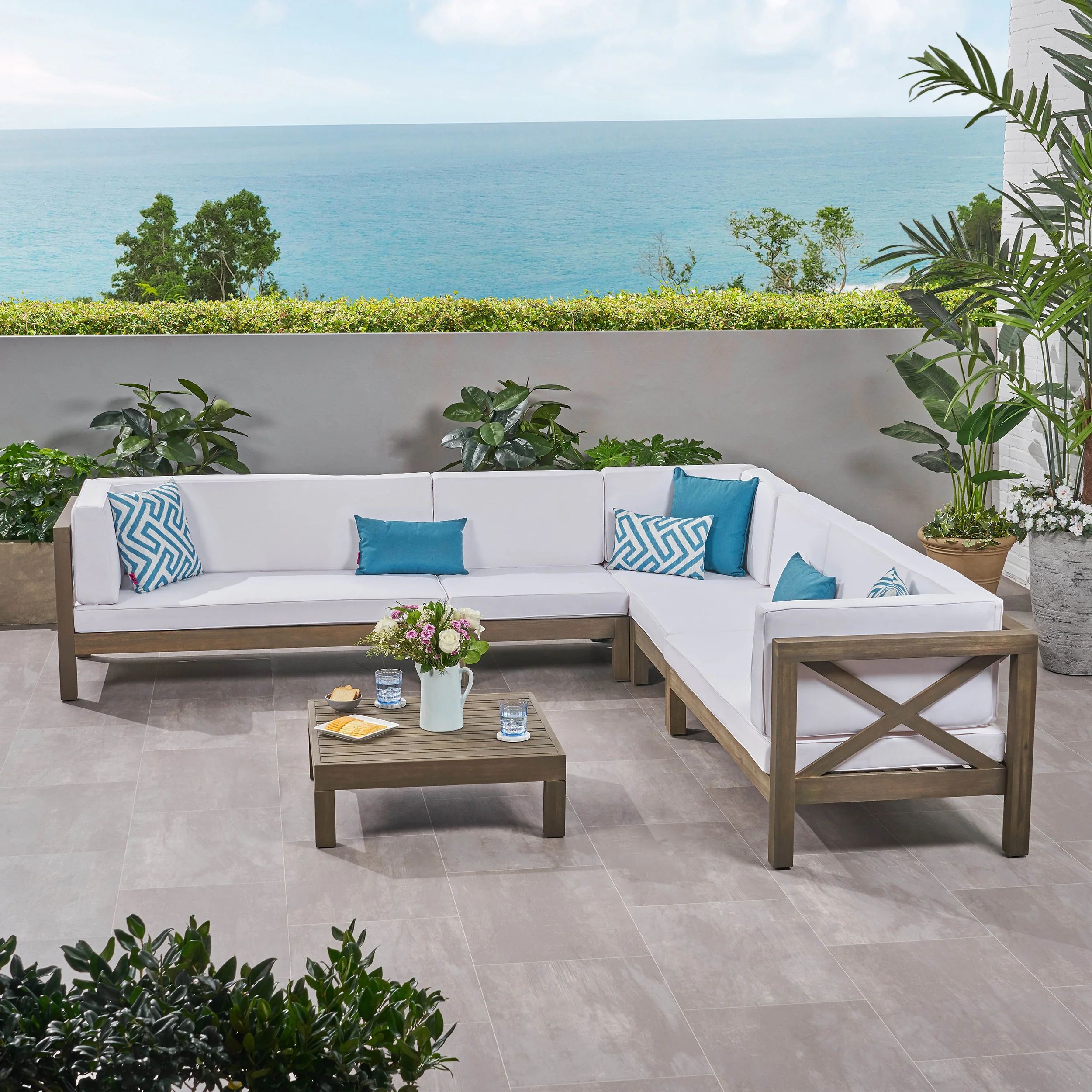 Cynthia Outdoor 7 Seater Acacia Wood Sectional Sofa Set - furnishings