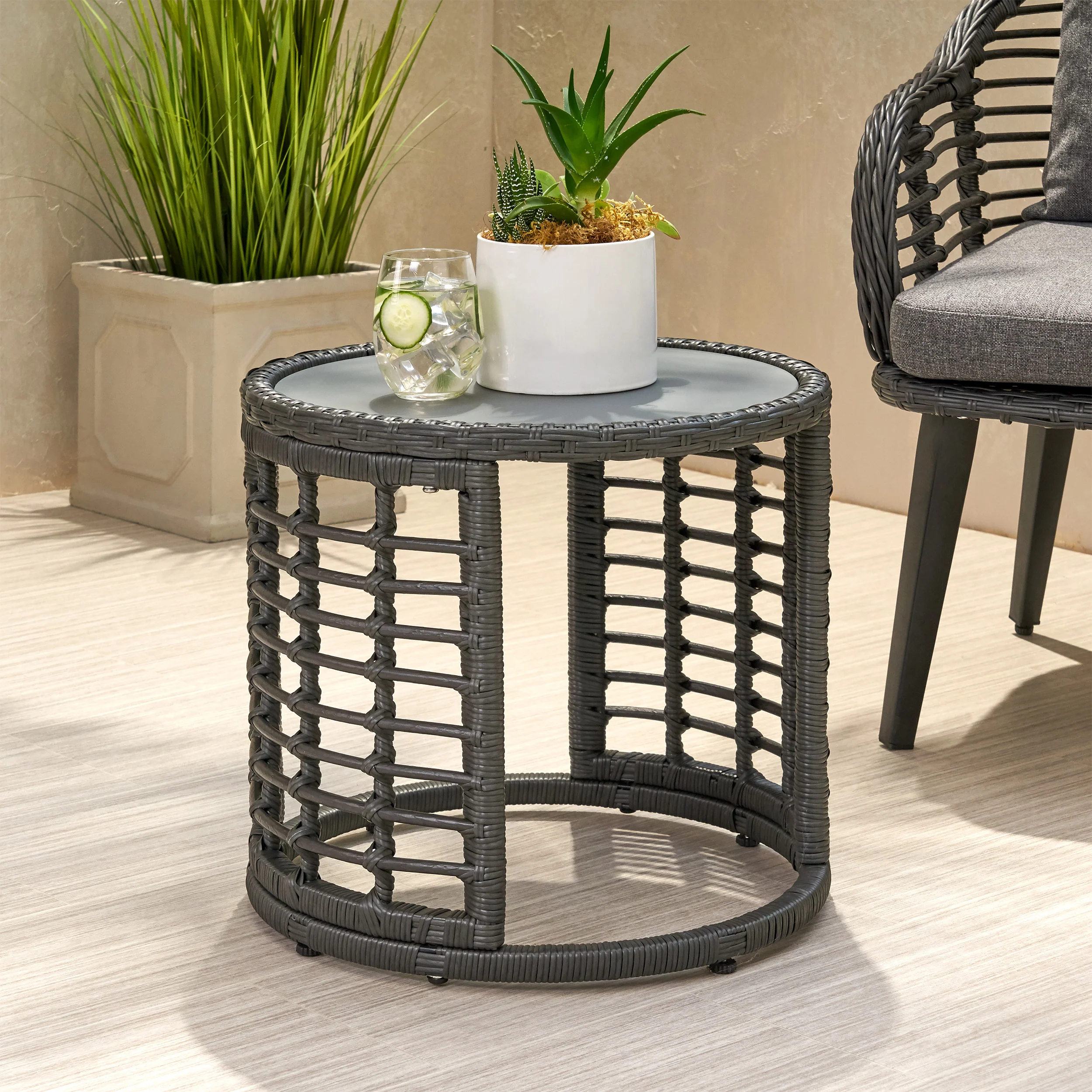 Evvy Outdoor Modern Boho Wicker Side Table with Tempered Glass Top - furnishings