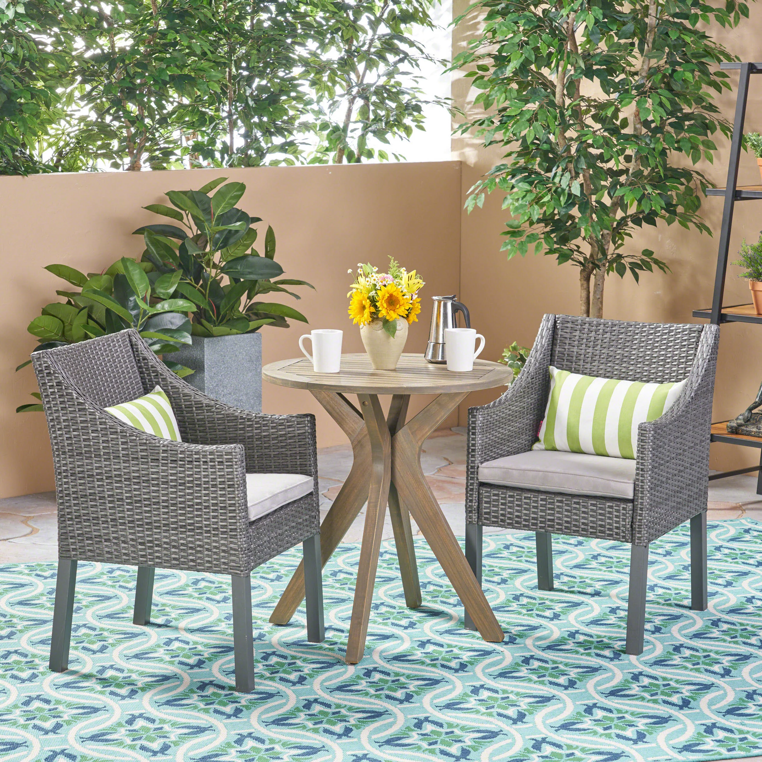Dye Outdoor 3 Piece Acacia Wood and Wicker Bistro Set - furnishings