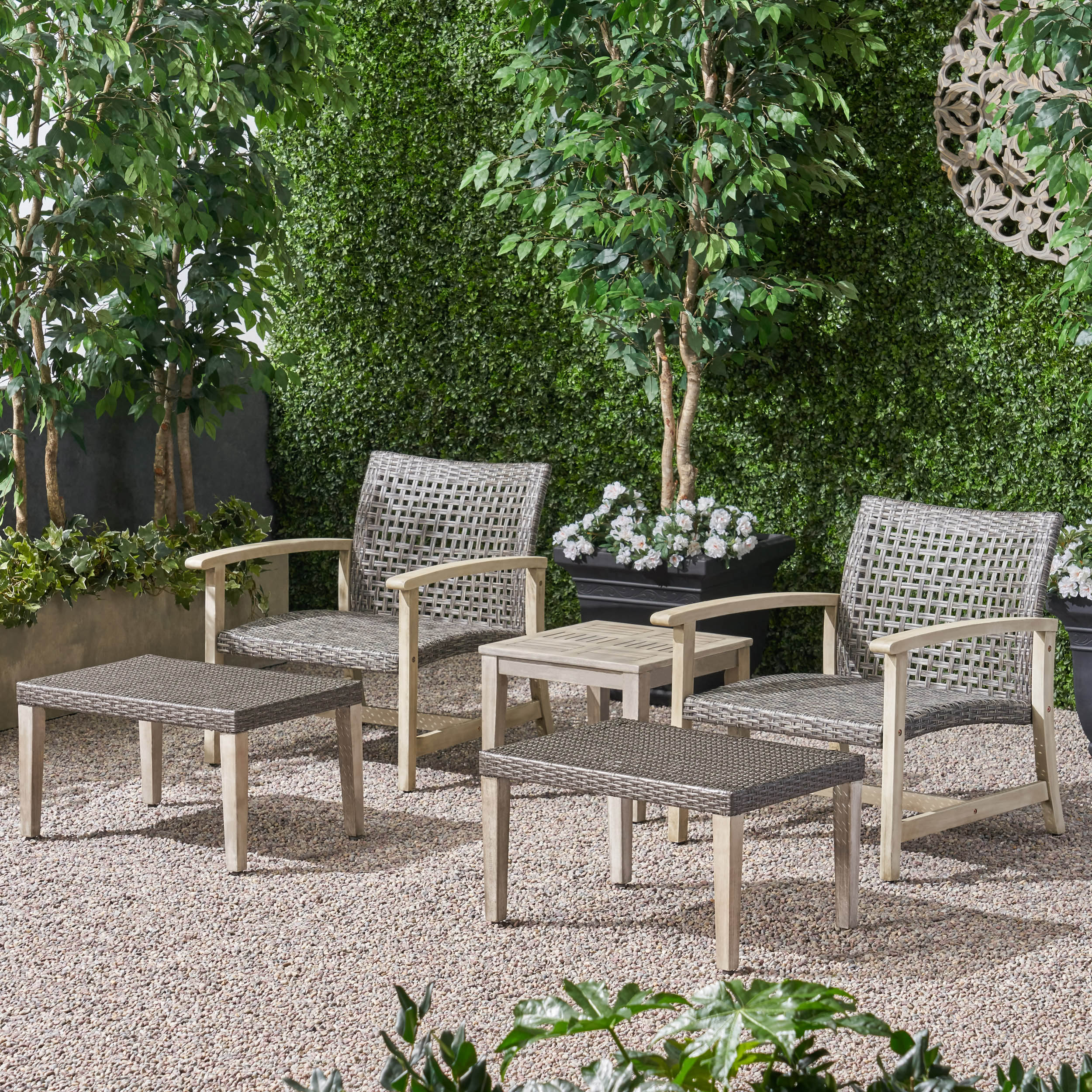 Savannah Outdoor 5 Piece Wood and Wicker Club Chair and Ottoman Set - furnishings
