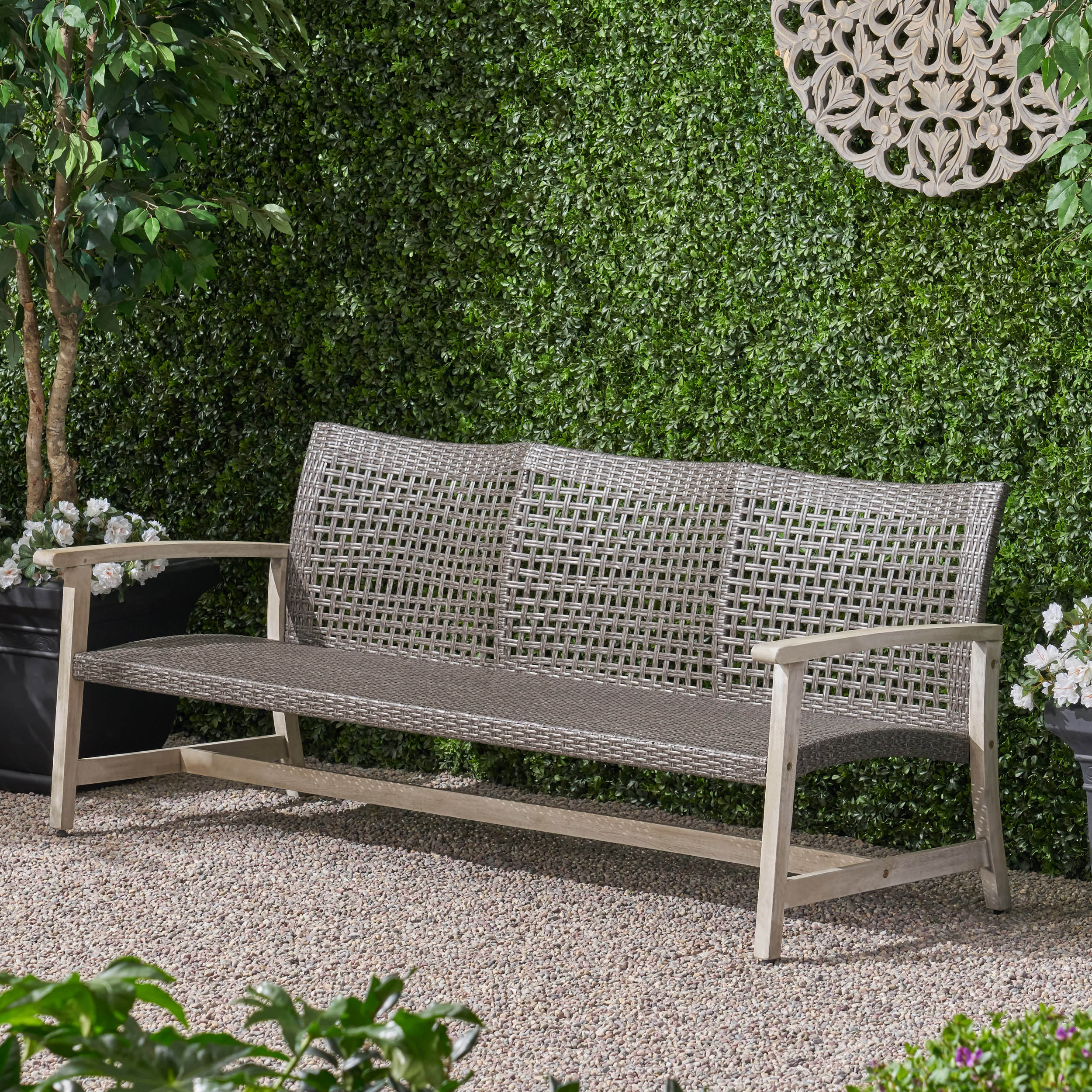 Marcia Outdoor 3-Seater Wicker Weave Sofa with Acacia Wood Frame - furnishings
