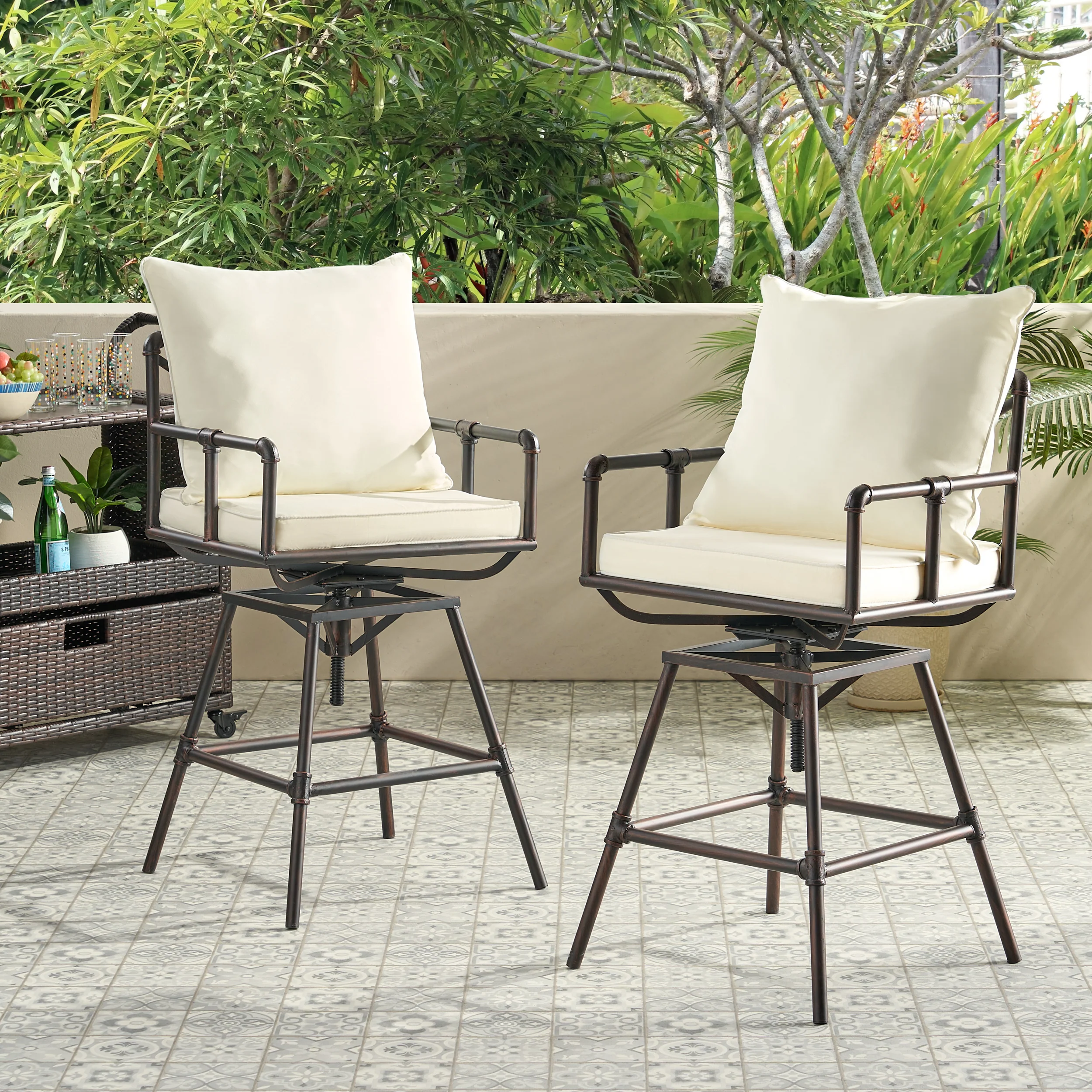Varick Outdoor Adjustable Pipe Barstools (Set of 2), Black Copper and Beige - furnishings