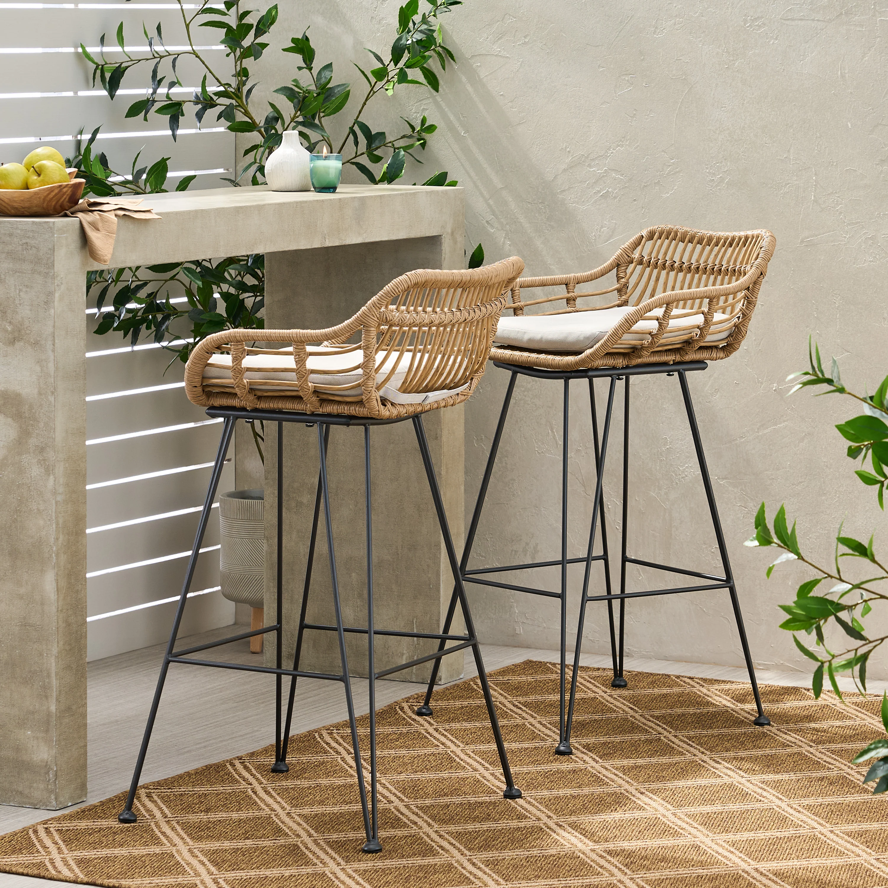 Lisa Outdoor Wicker Barstools with Cushions (Set of 2) - furnishings