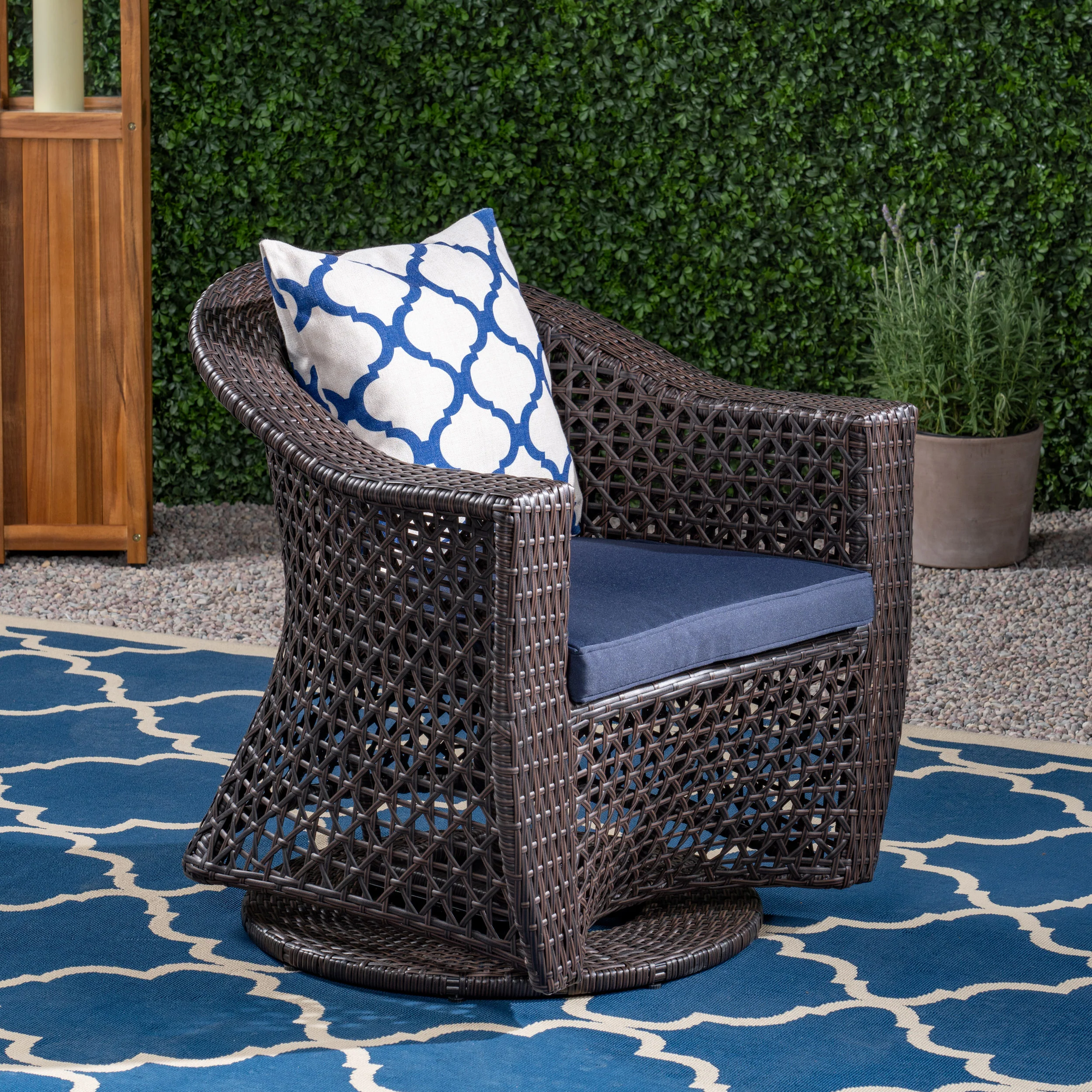 Big Sur Patio Swivel Chair, Wicker with Outdoor Cushions, Multi-Brown, Navy Blue - furnishings