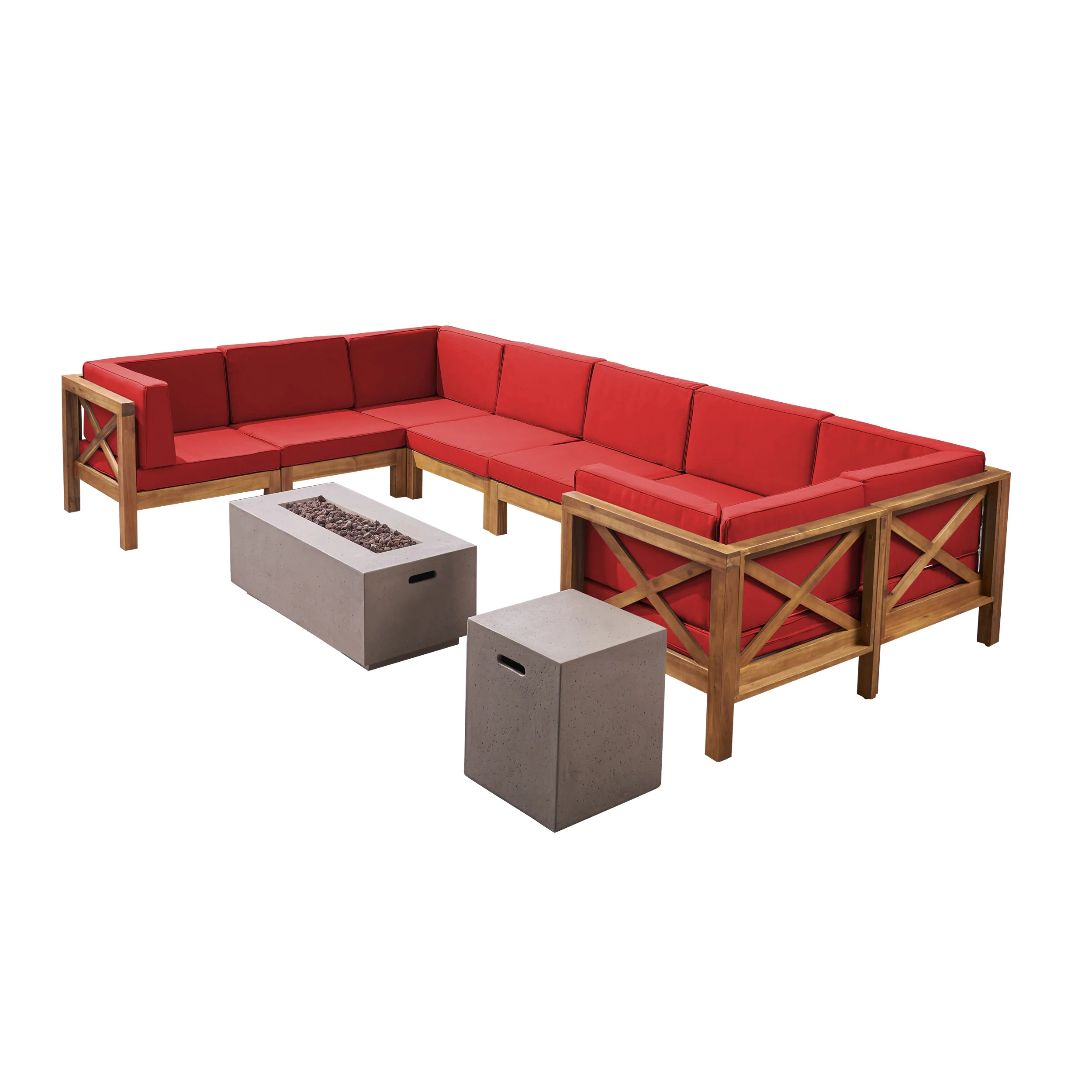 Cynthia Outdoor Acacia Wood 8 Seater U-Shaped Sectional Sofa Set with Fire Pit - furnishings