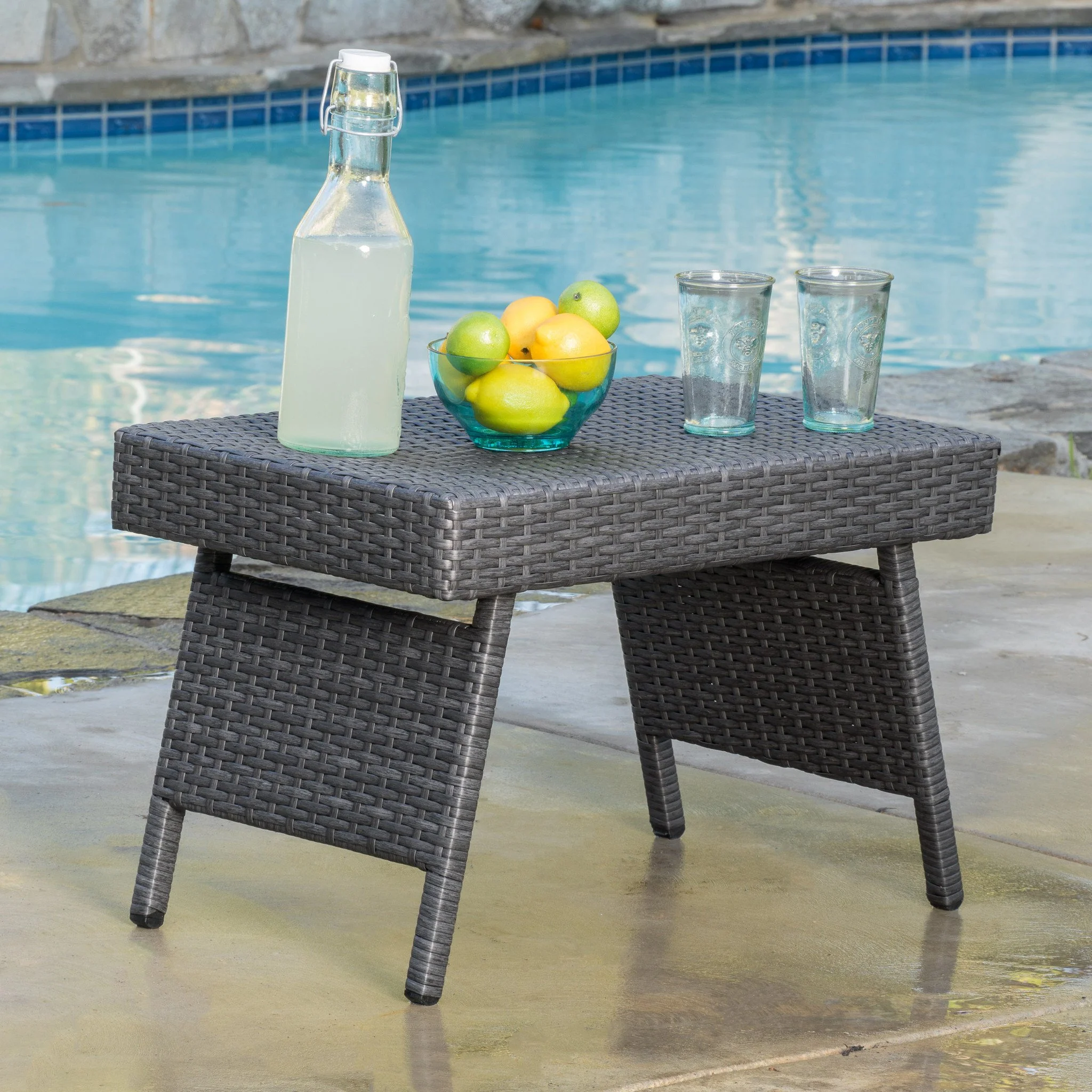 Lakeport Outdoor Grey Wicker Adjustable Chaise Lounge and Table Set - furnishings