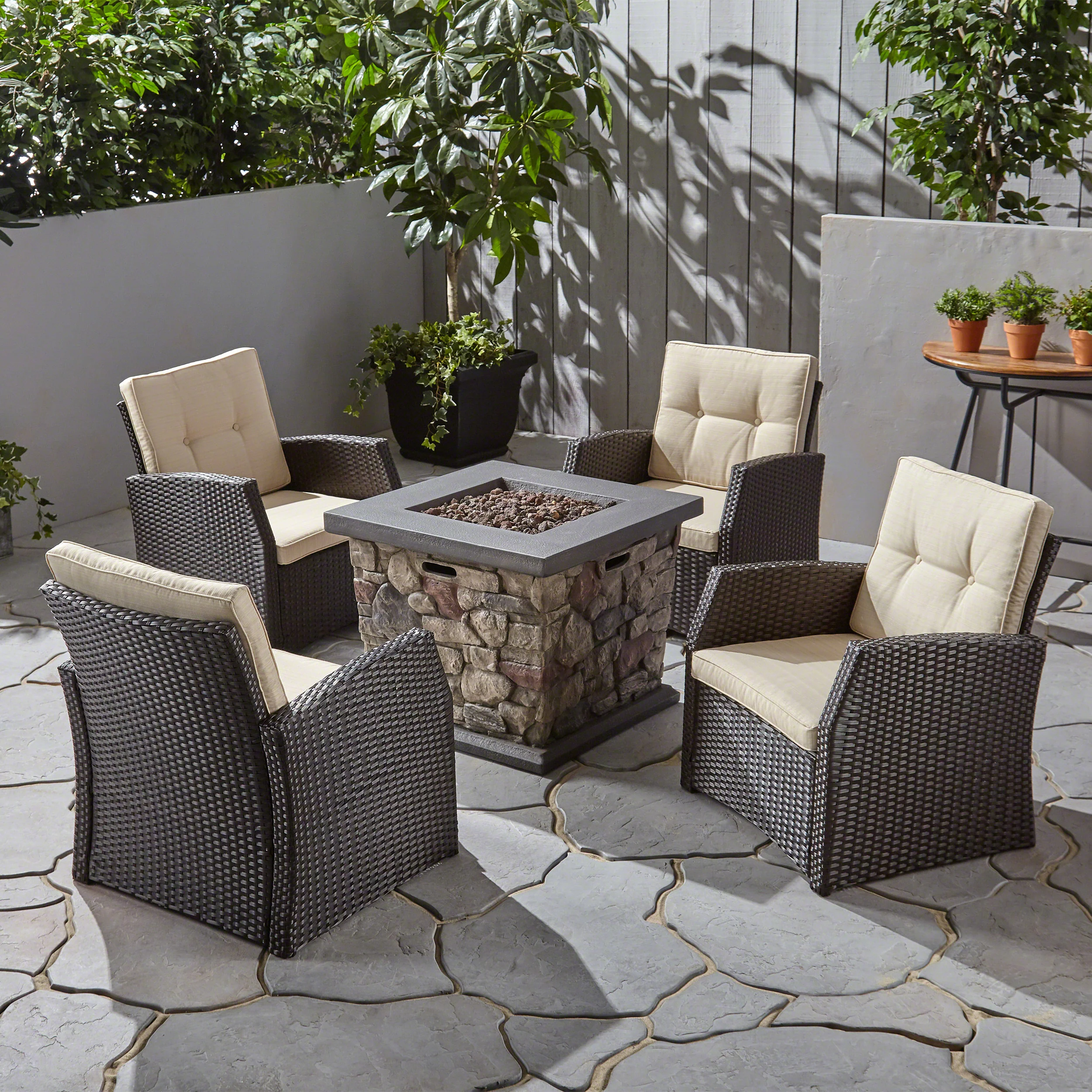 Audrielle Outdoor 4 Seater Wicker Chat Set with Fire Pit - furnishings