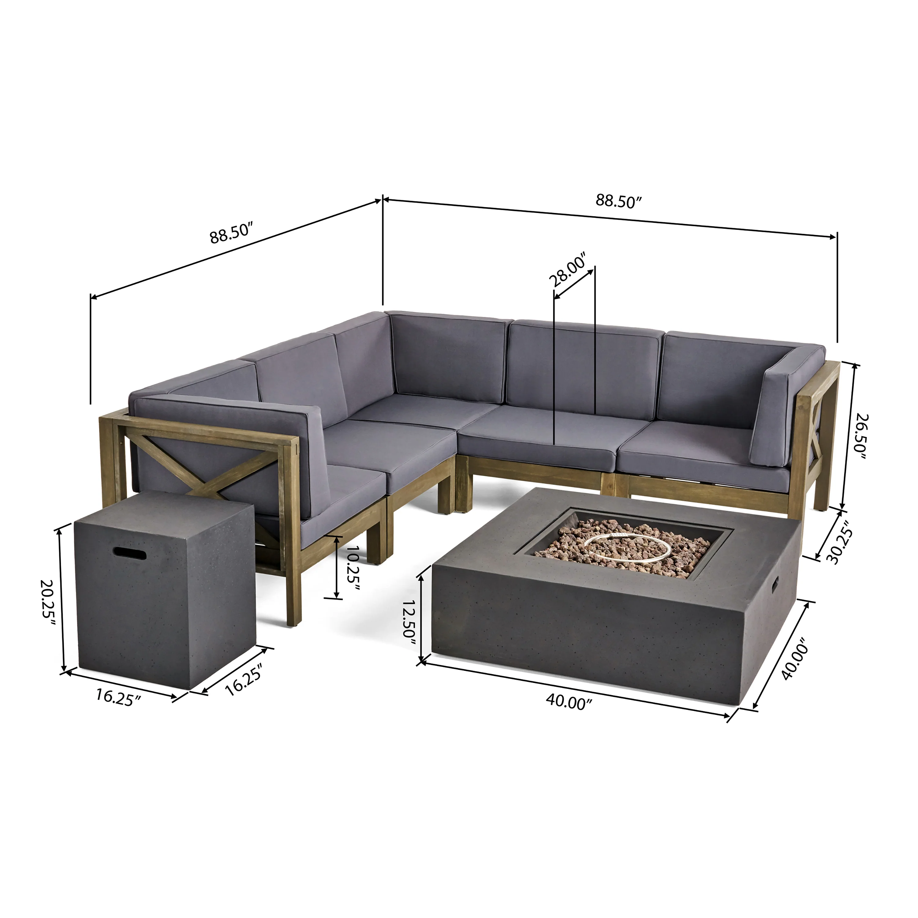 Kaylee Outdoor Acacia Wood 5 Seater Sectional Sofa Set with Fire Pit - furnishings