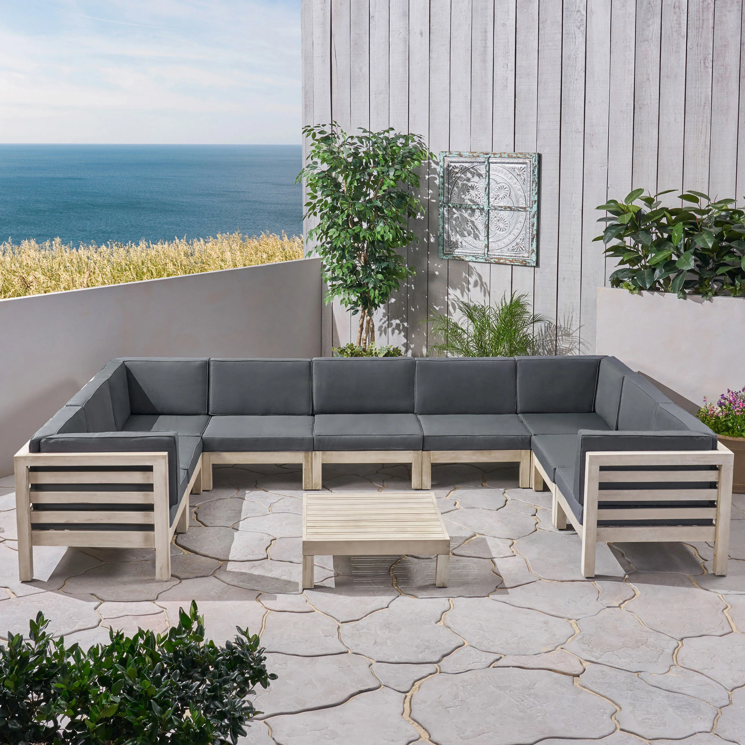 Ravello Outdoor 9 Seater Acacia Wood Sectional Sofa Set, Weathered Gray Finish and Dark Gray - furnishings