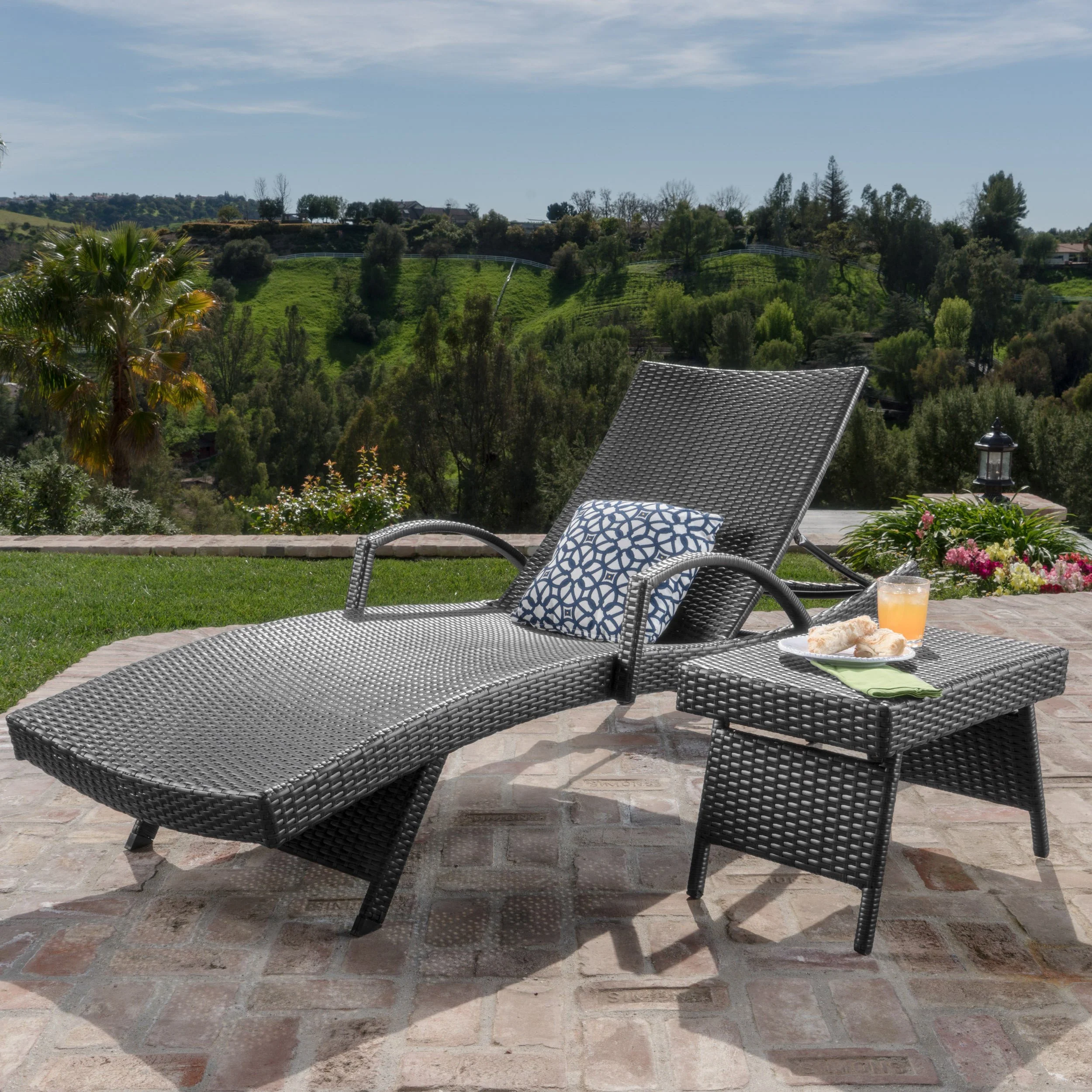 Solaris Outdoor Grey Wicker Armed Chaise Lounge w/ Water Resistant Cushion - furnishings