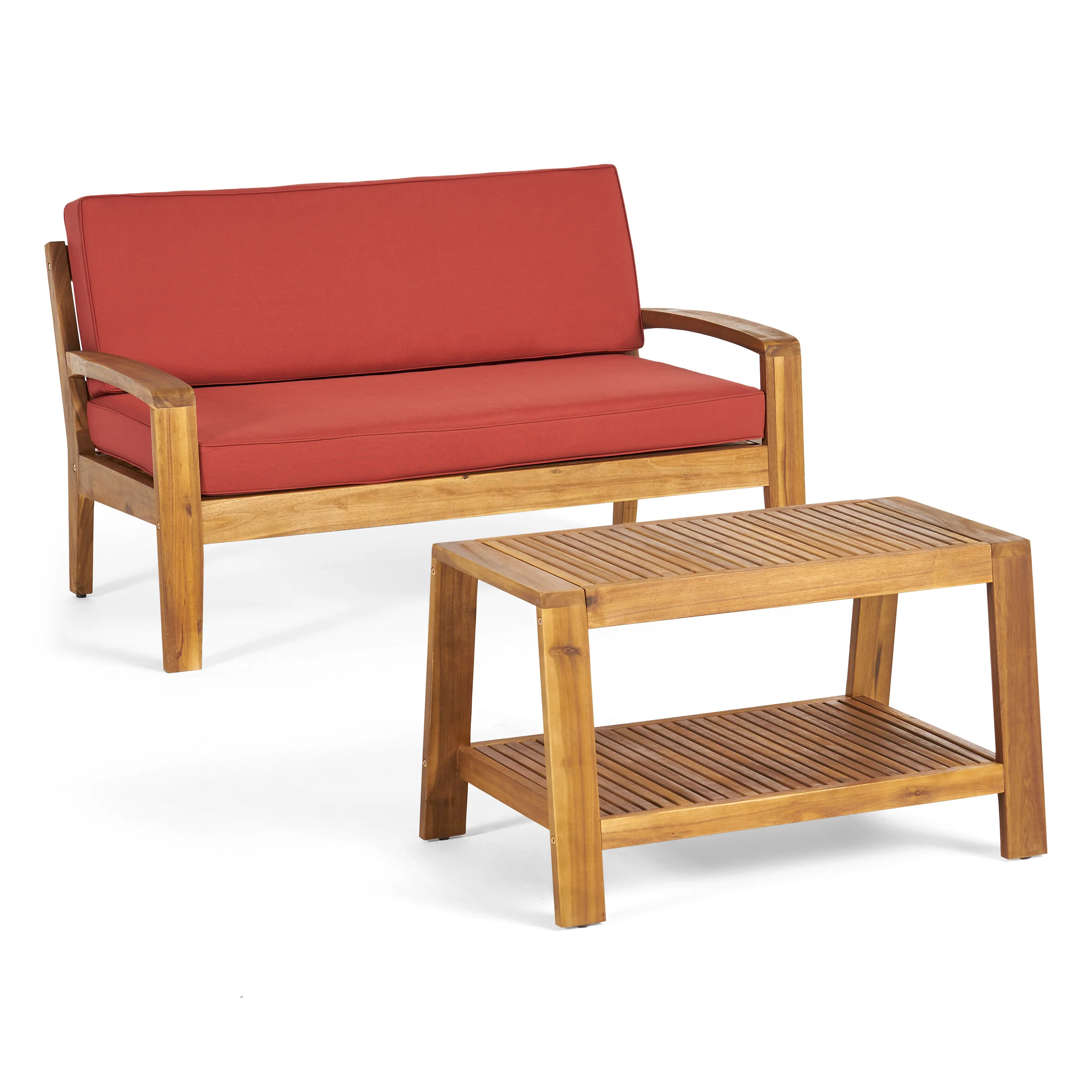 Christian Outdoor Acacia Wood Loveseat and Coffee Table Set with Cushions - furnishings