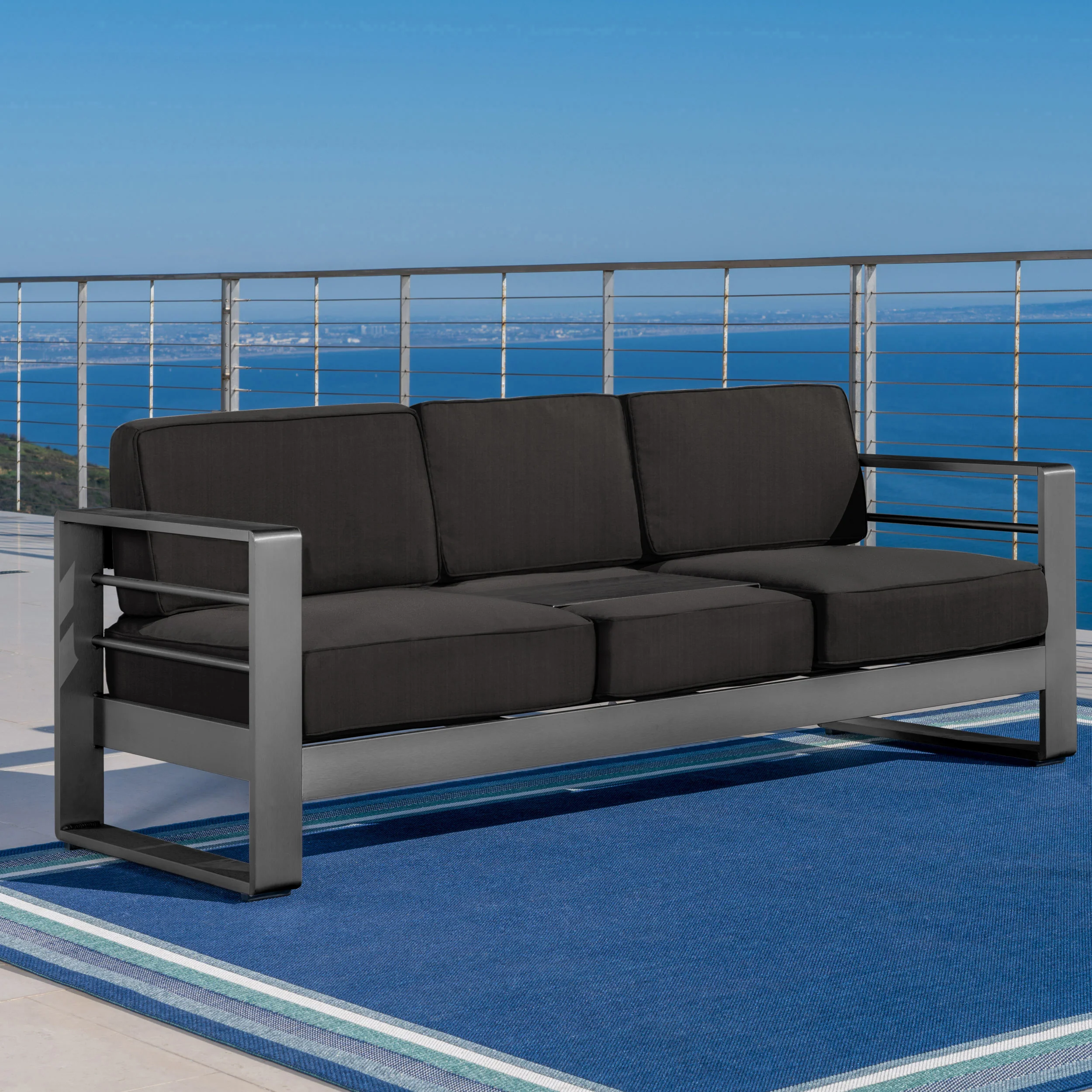 Crested Bay Outdoor Gray Aluminum Sofa Couch with Water Resistant Cushions - furnishings