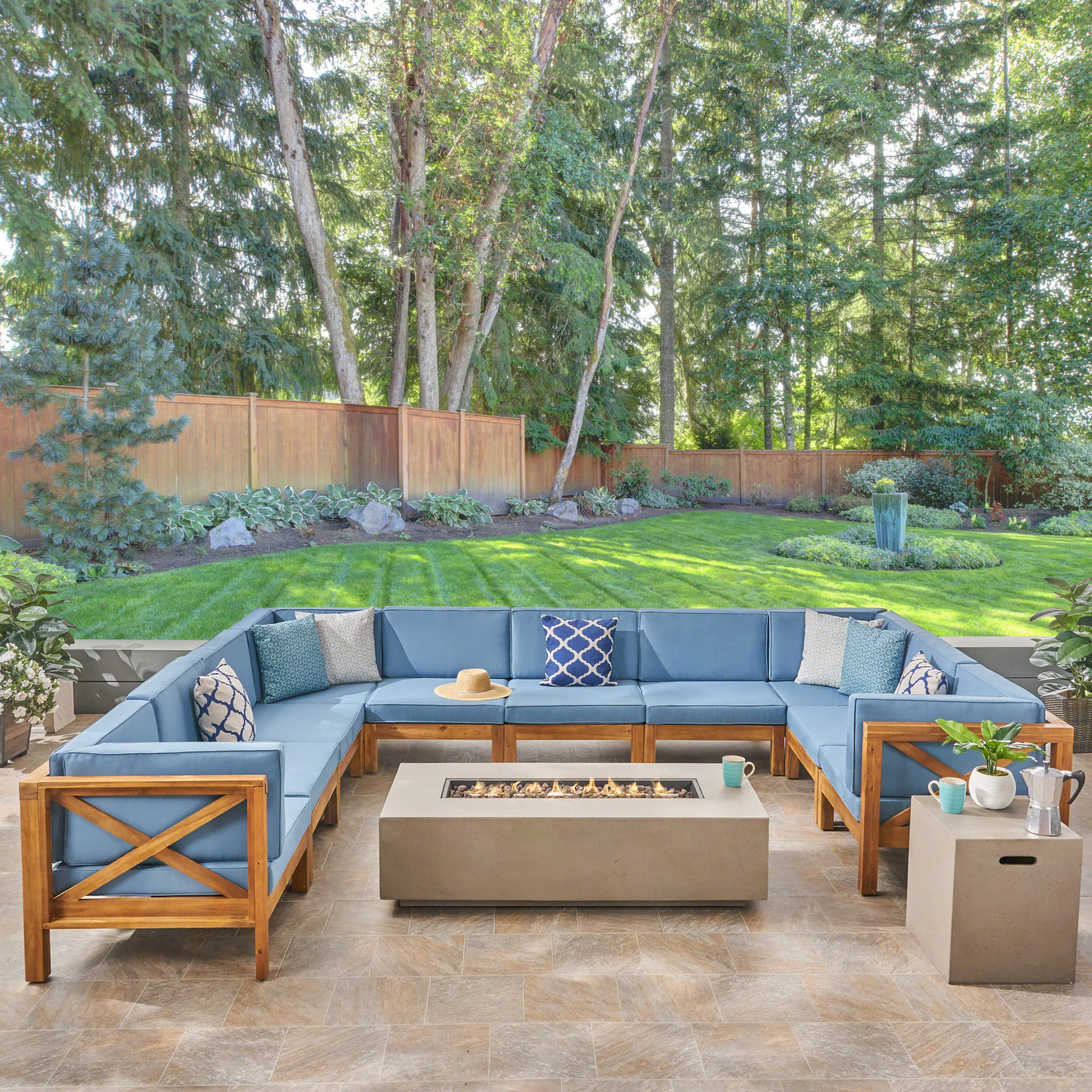 Cynthia Outdoor Acacia Wood 10 Pieces U-Shaped Sectional Sofa Set with Fire Pit - furnishings