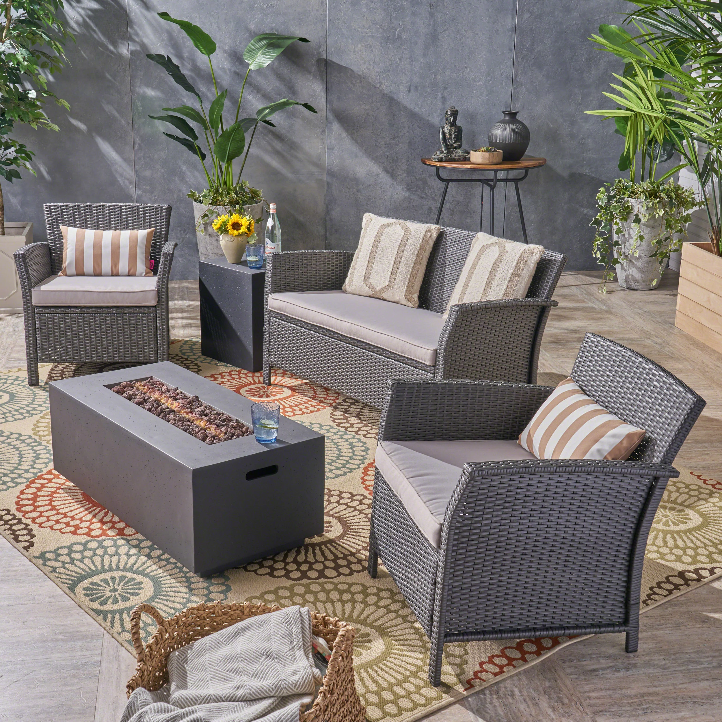 Laiah Outdoor 4 Seater Wicker Chat Set with Fire Pit - furnishings