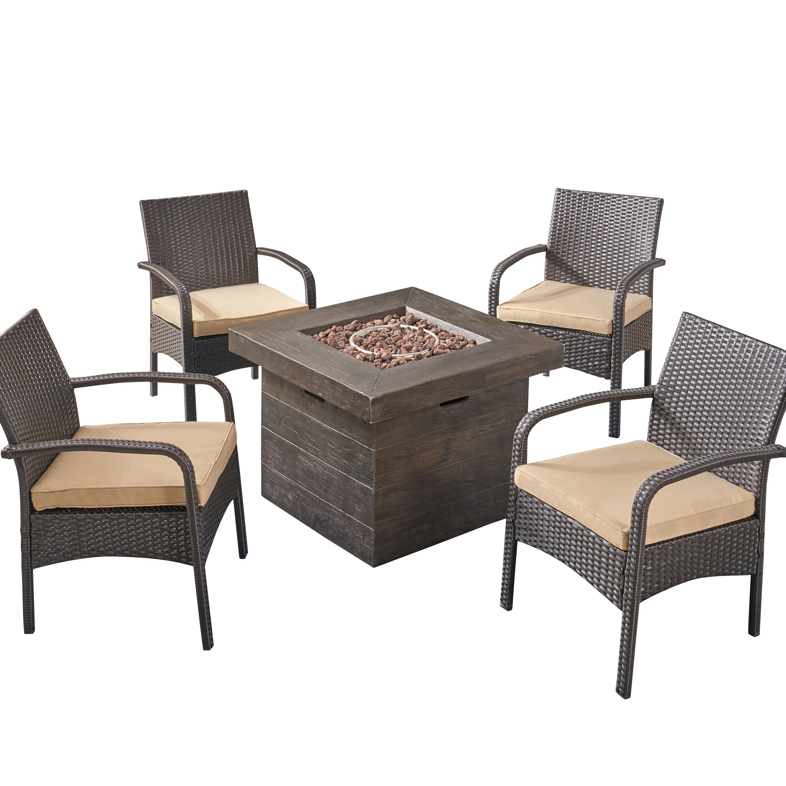 Meroy Patio Fire Pit Set, 4-Seater with Club Chairs, Wicker with Outdoor Cushions - furnishings