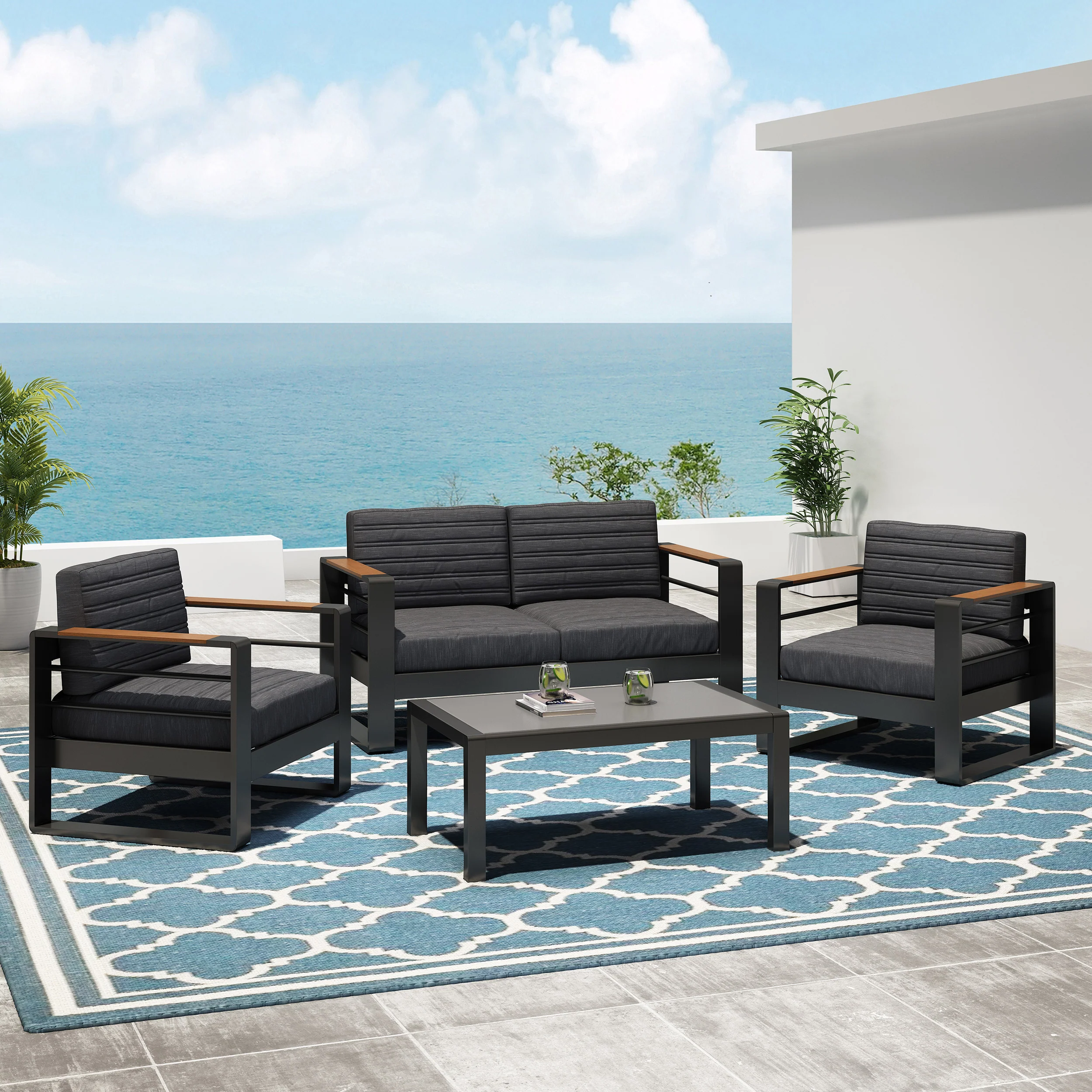Neffs Outdoor Aluminum 4 Seater Chat Set, Black, Natural, and Gray - furnishings