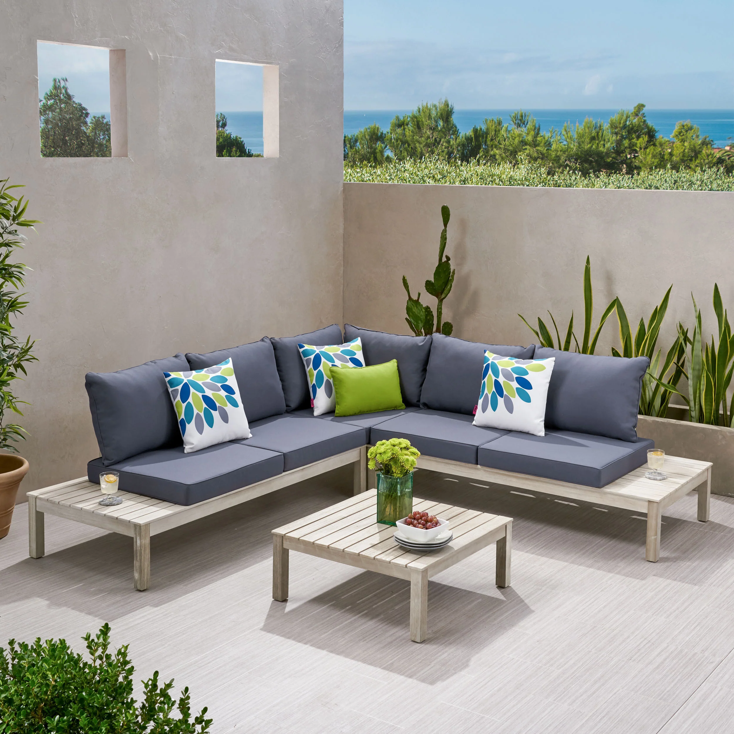 Vashti Outdoor 5 Seater V Shaped Acacia Wood Sectional Sofa Set with Cushions - furnishings