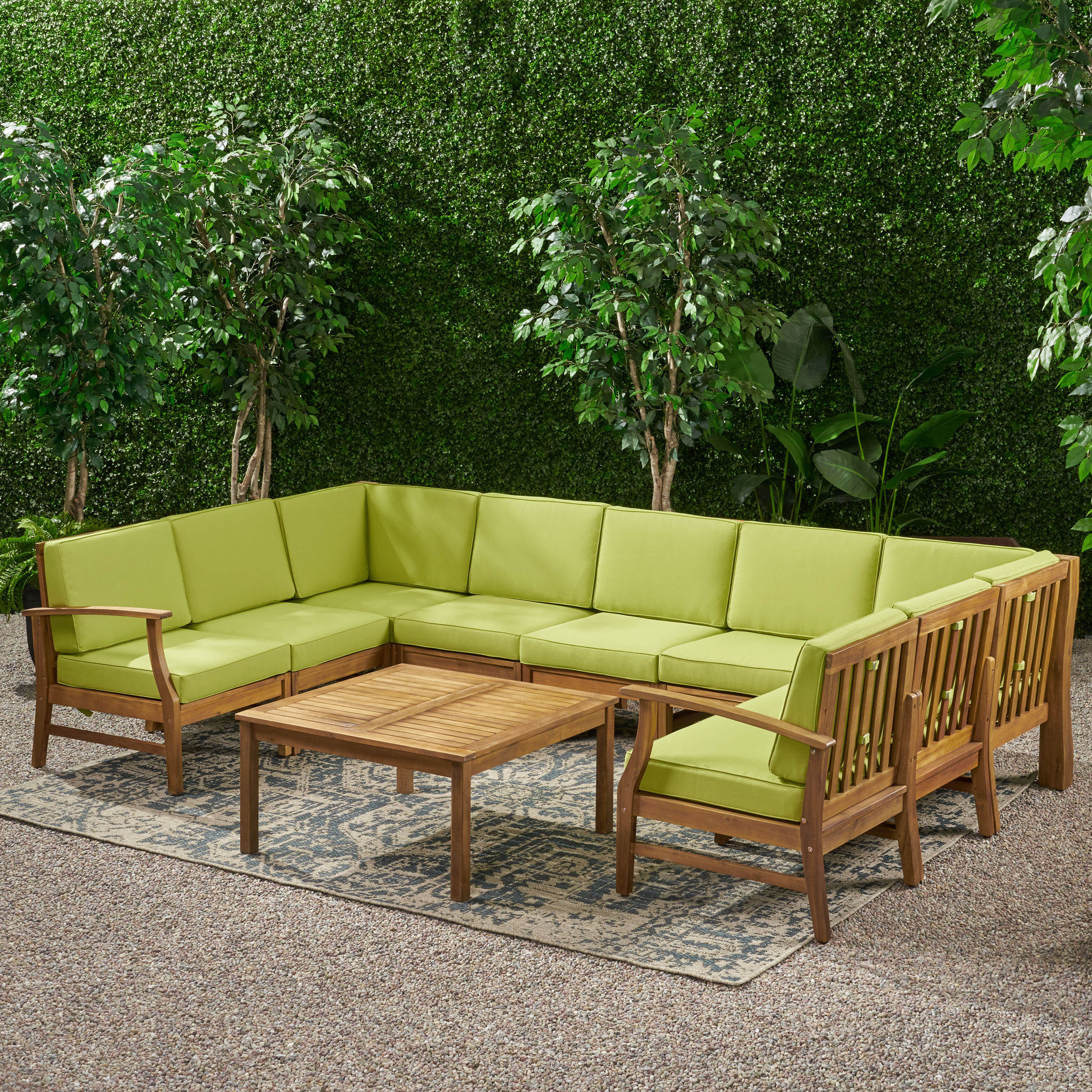 Judith Outdoor 9 Seater Acacia Wood Sectional Sofa Set with Cushions - furnishings