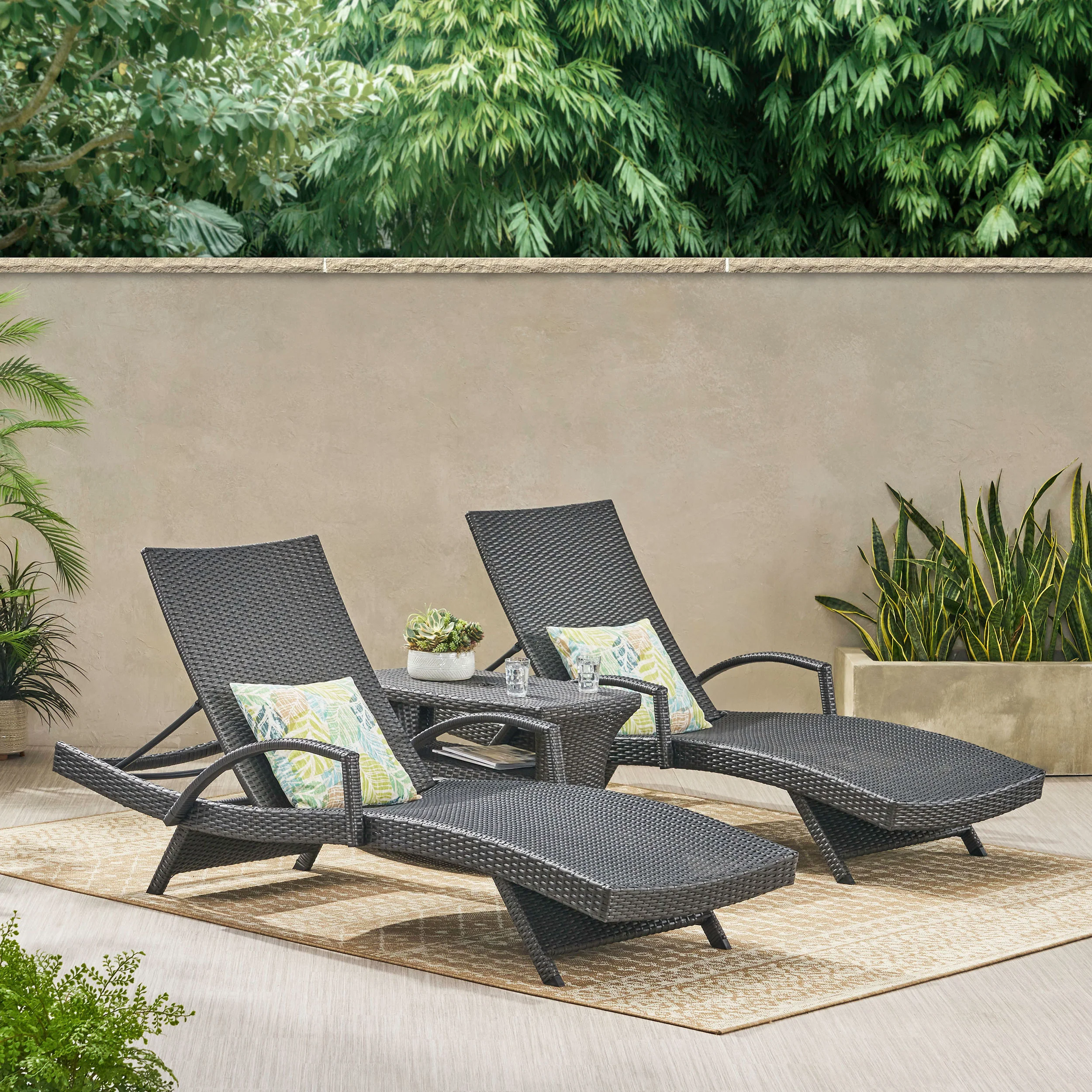 Soleil Outdoor Wicker Chaise Lounges (Set of 2) w/ Coffee Table - furnishings