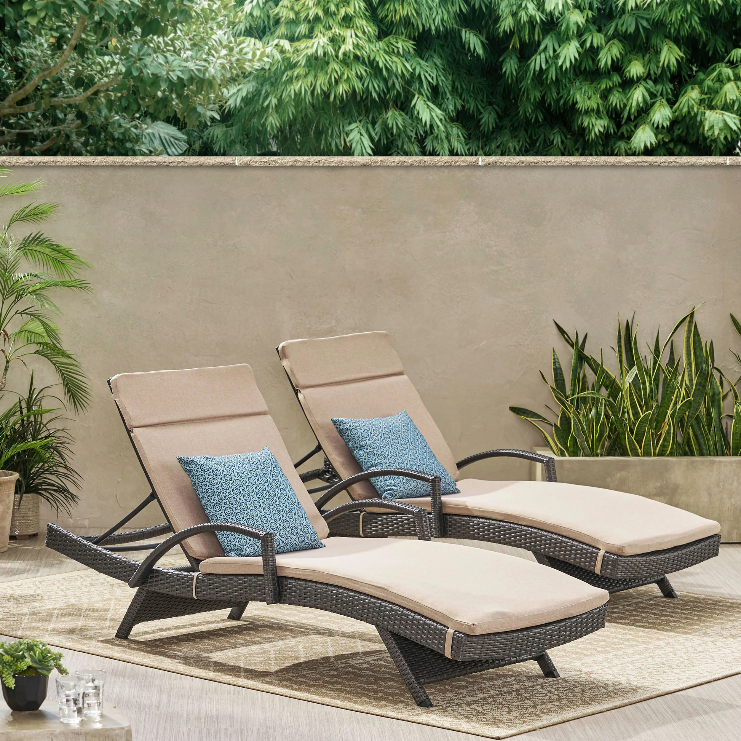 Soleil Outdoor Wicker Chaise Lounges w/ Water Resistant Cushions (Set of 2) - furnishings